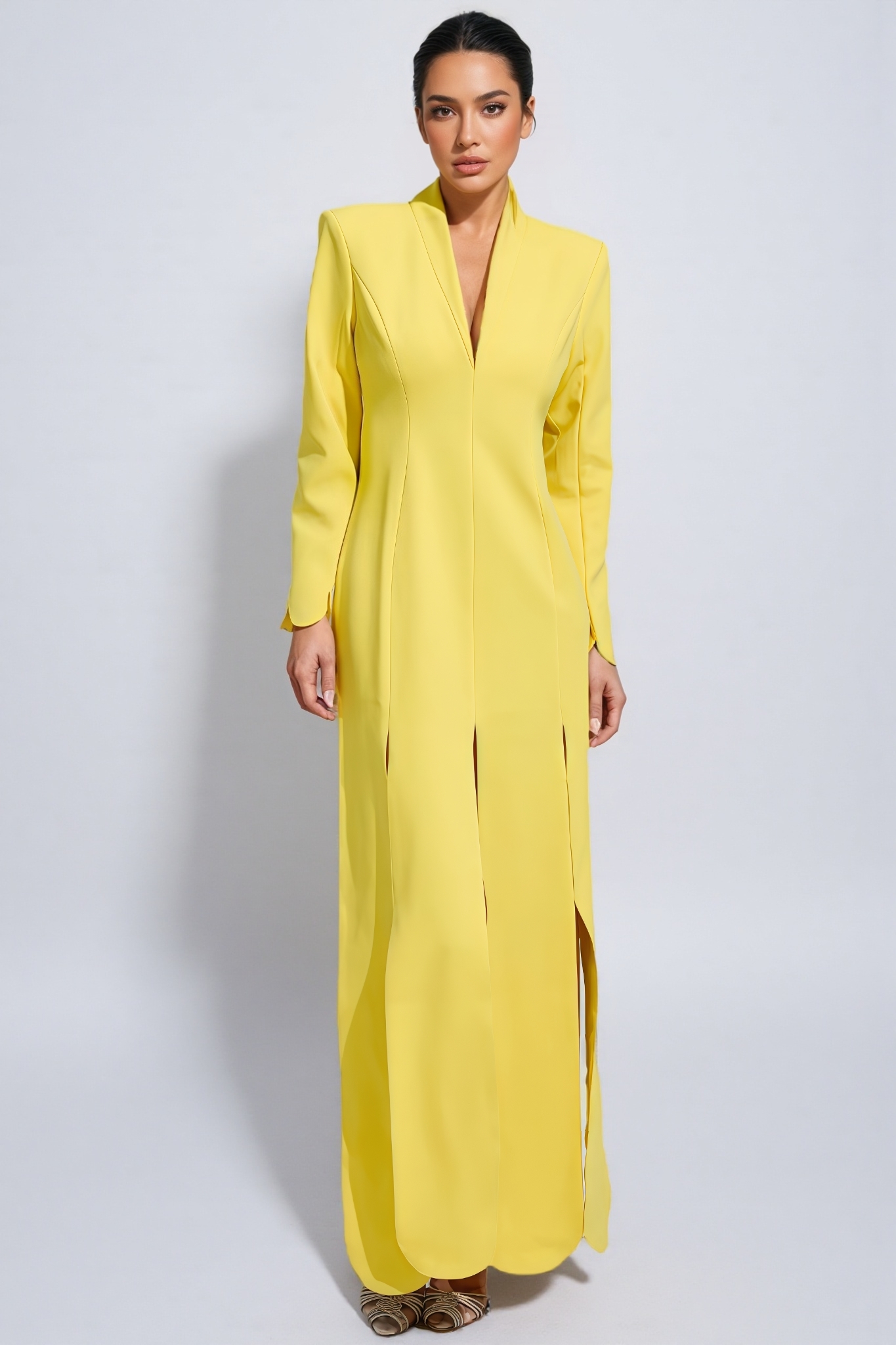 Haston Yellow Long Sleeve Slit Maxi Dress