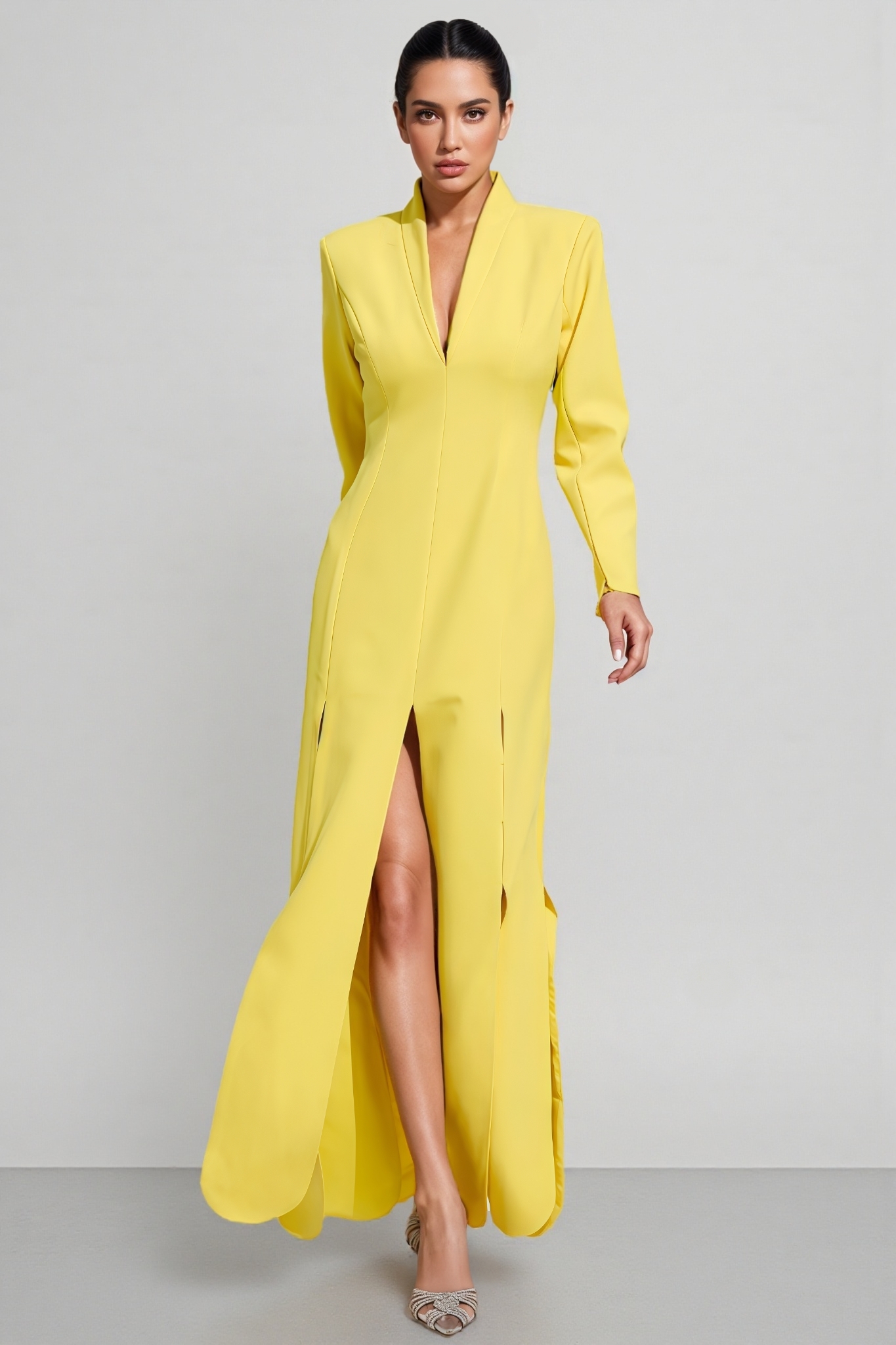 Haston Yellow Long Sleeve Slit Maxi Dress