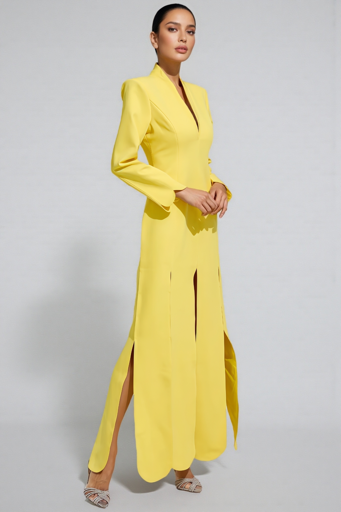 Haston Yellow Long Sleeve Slit Maxi Dress