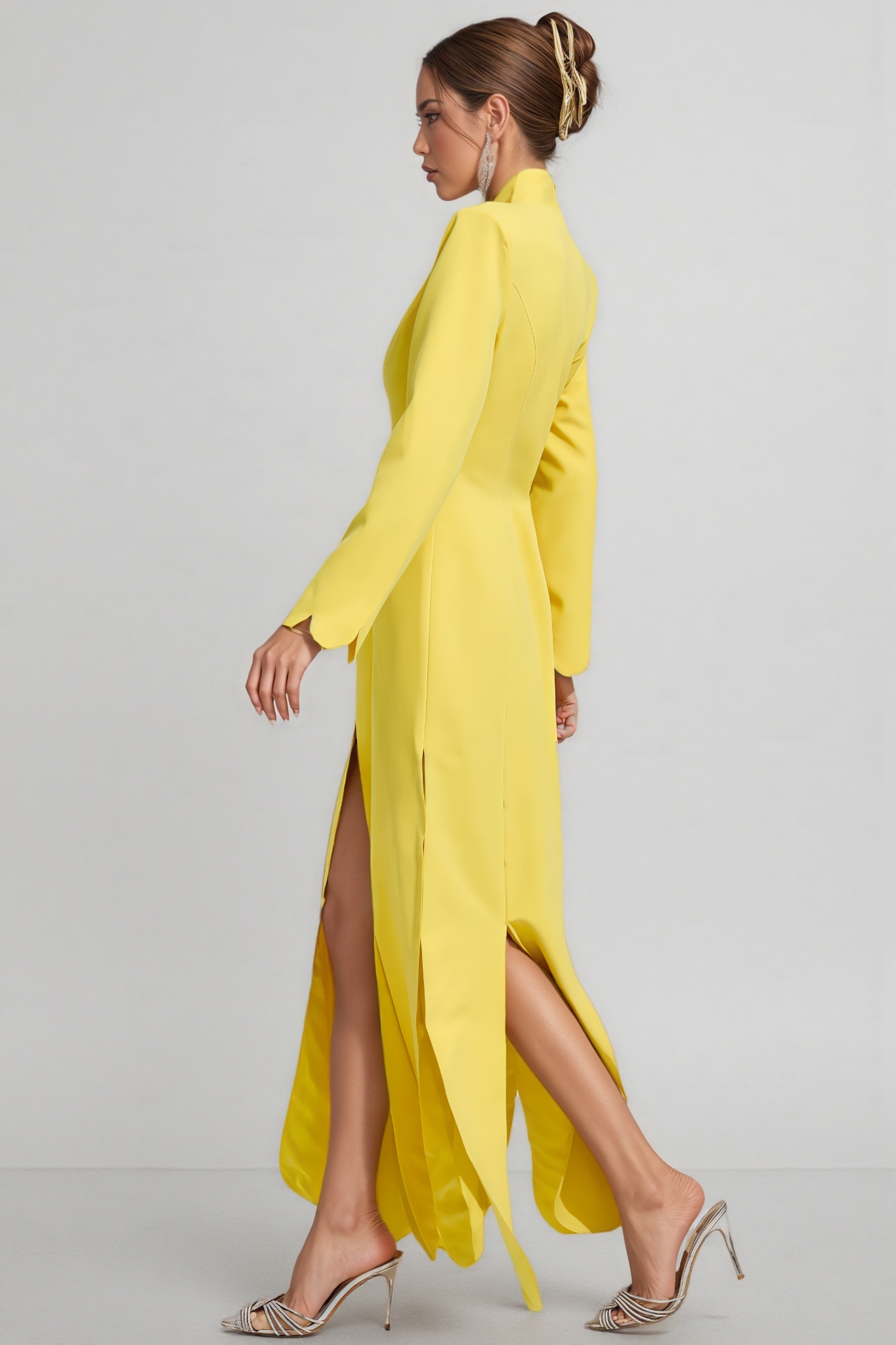 Haston Yellow Long Sleeve Slit Maxi Dress