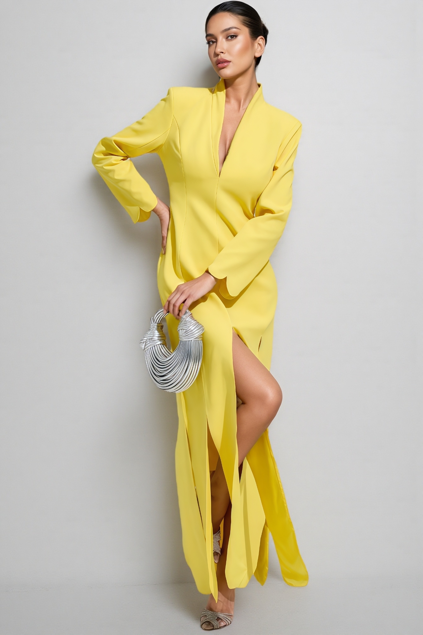 Haston Yellow Long Sleeve Slit Maxi Dress