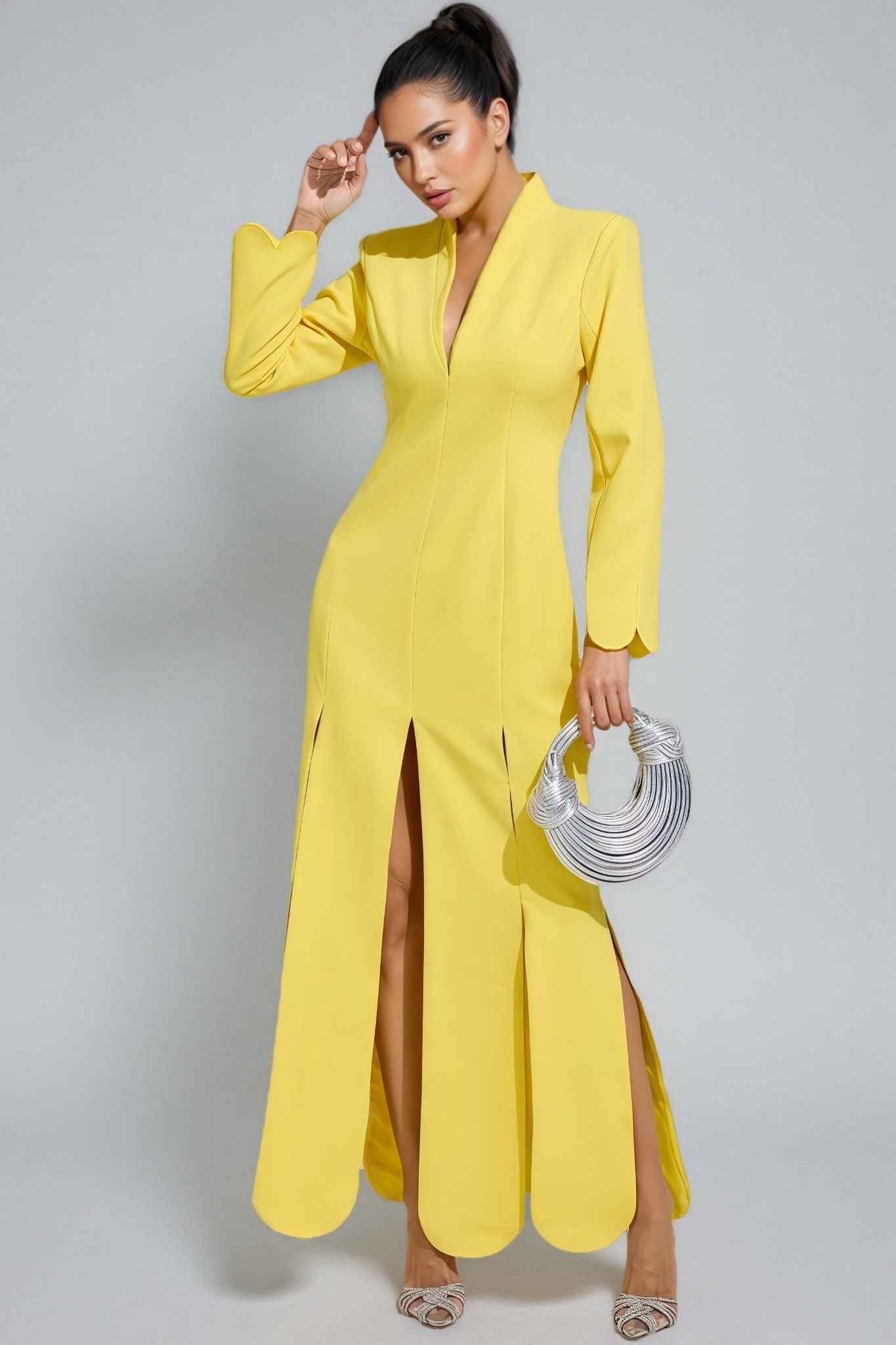 Haston Yellow Long Sleeve Slit Maxi Dress