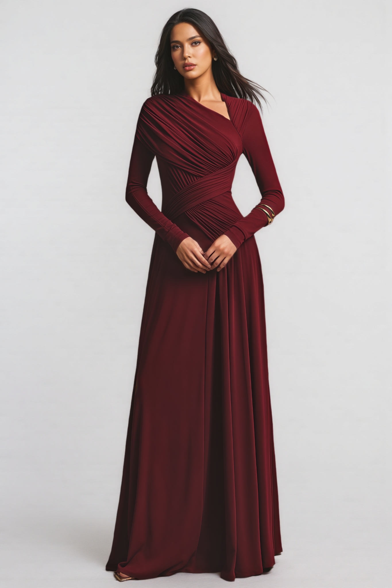 Jana Red Asymmetric Long Sleeve Maxi Dress