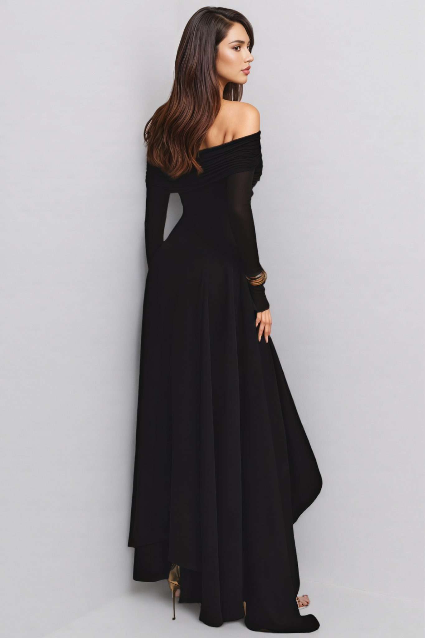Ophelia Black Long Sleeved Asymmetric Midi Dress