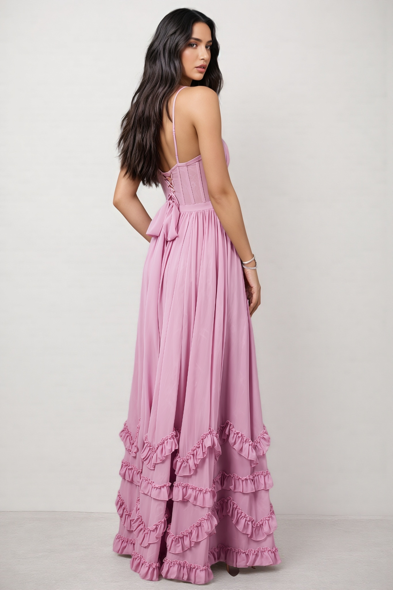 Zivene Pink Halter Fishbone Maxi Dress