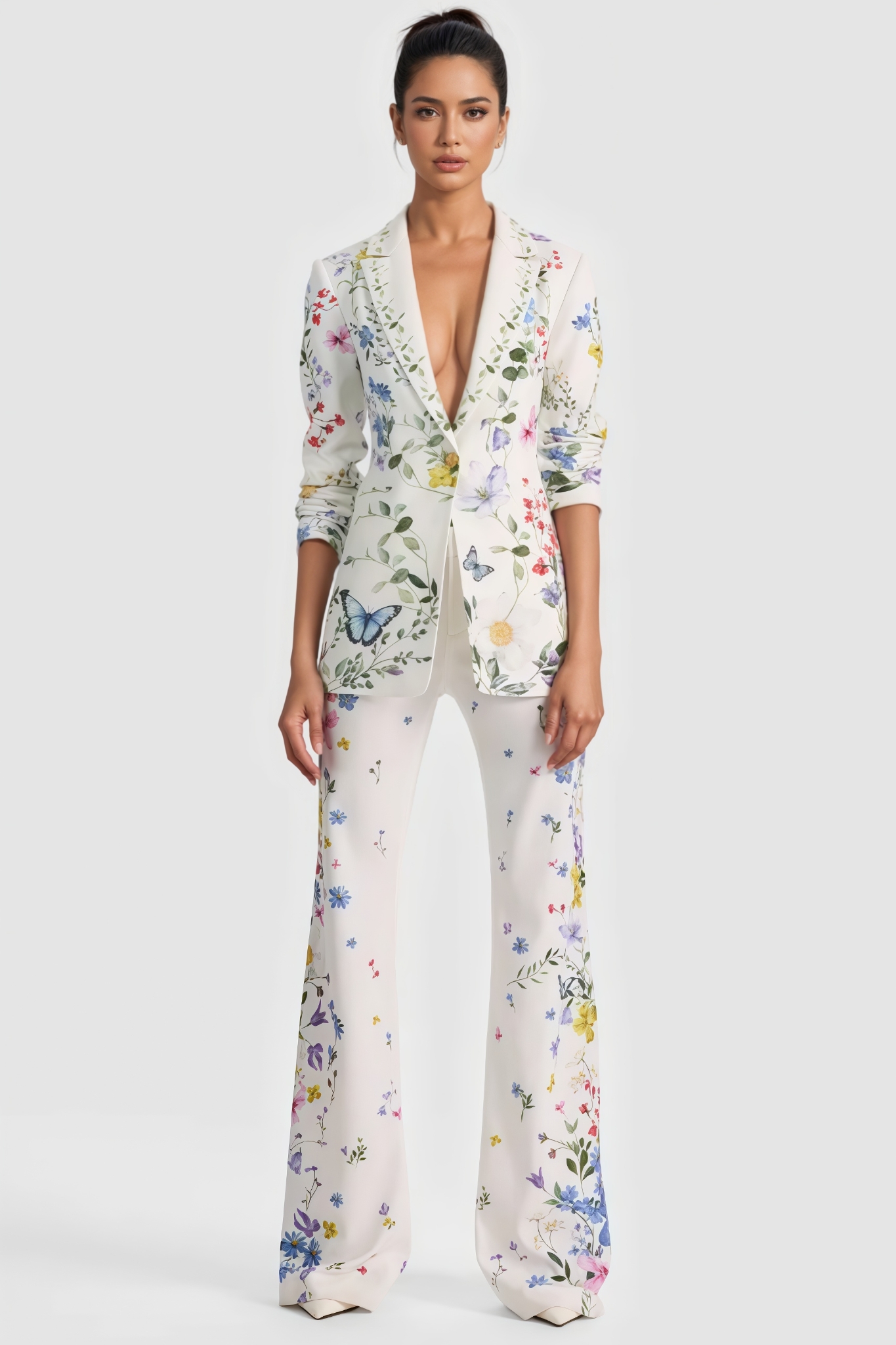 Carnse White Printed Blazer Pants Set