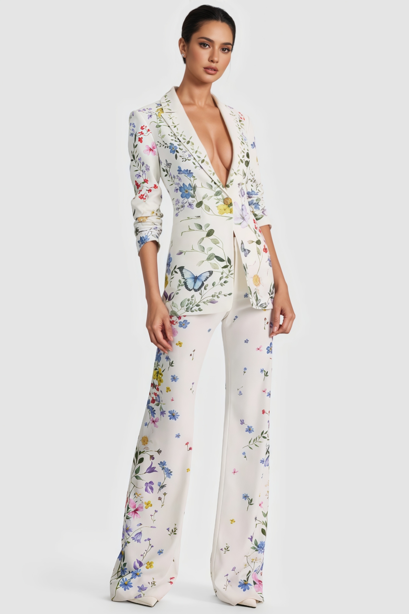 Carnse White Printed Blazer Pants Set