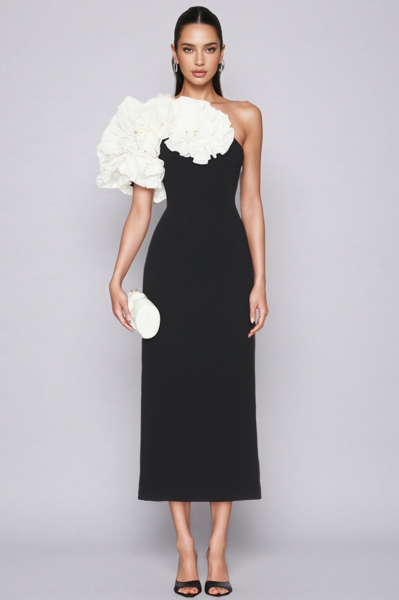 Zephyr Black 3D Floral Midi Dress