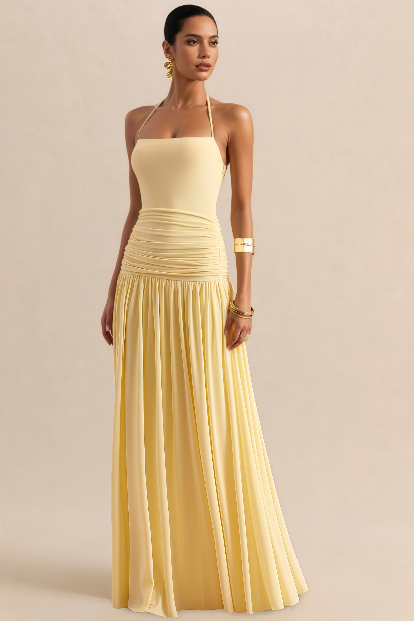 Jocasta Yellow Halter Neck Draped Maxi Dress