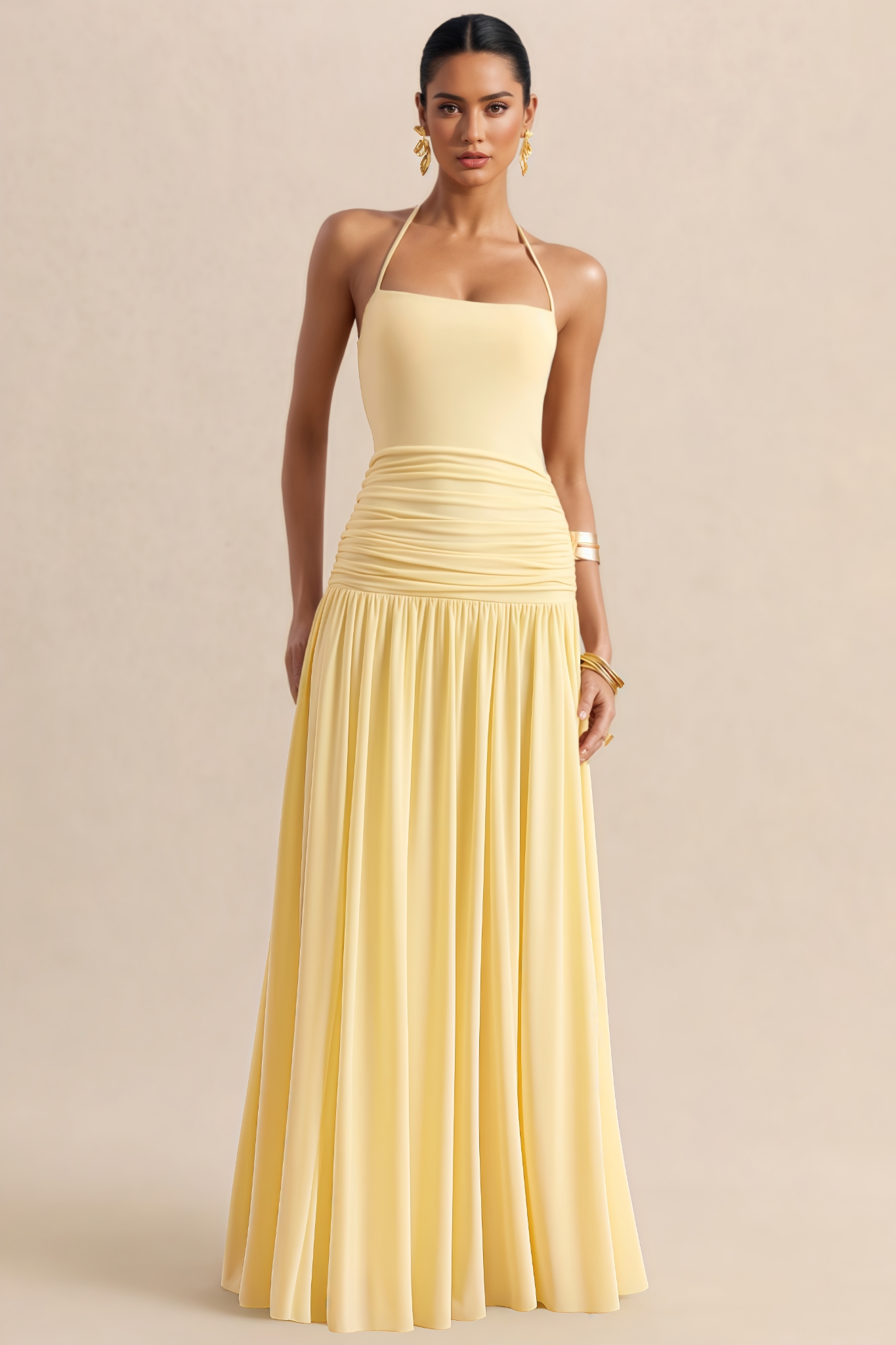 Jocasta Yellow Halter Neck Draped Maxi Dress