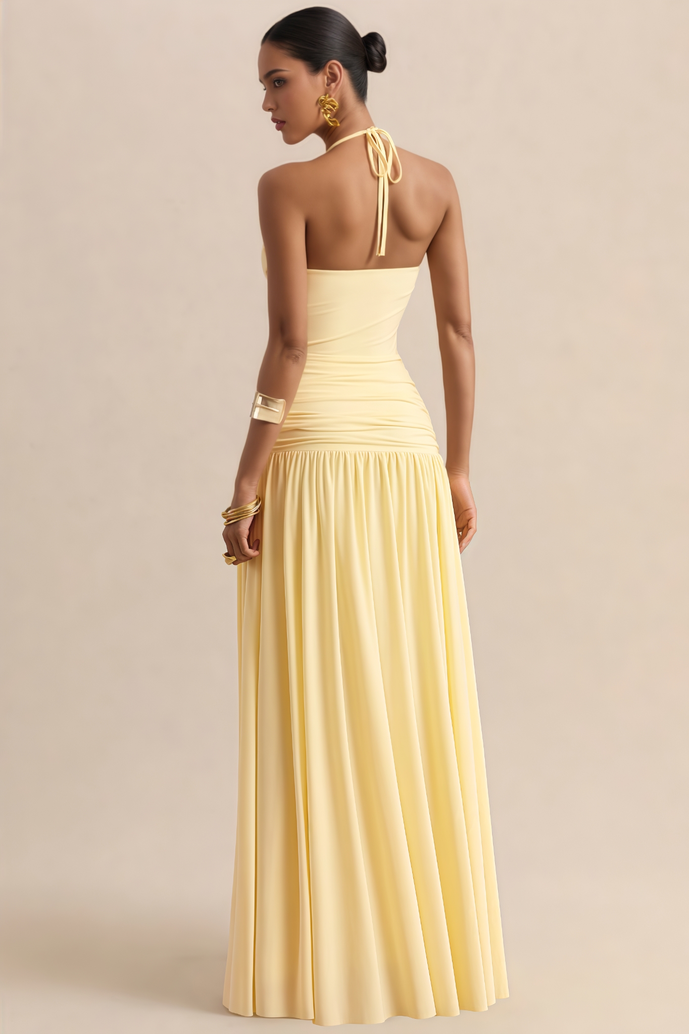 Jocasta Yellow Halter Neck Draped Maxi Dress