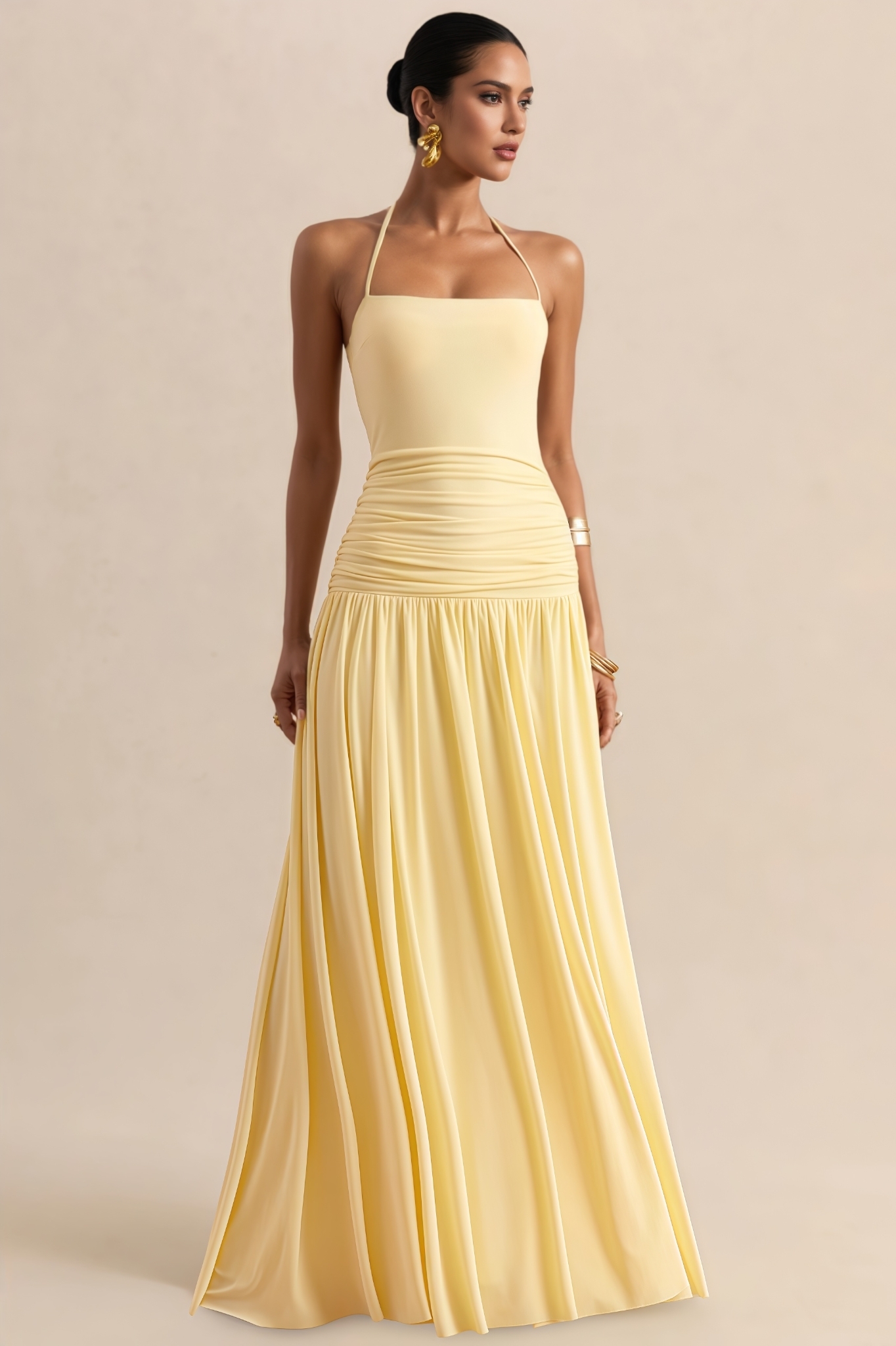 Jocasta Yellow Halter Neck Draped Maxi Dress