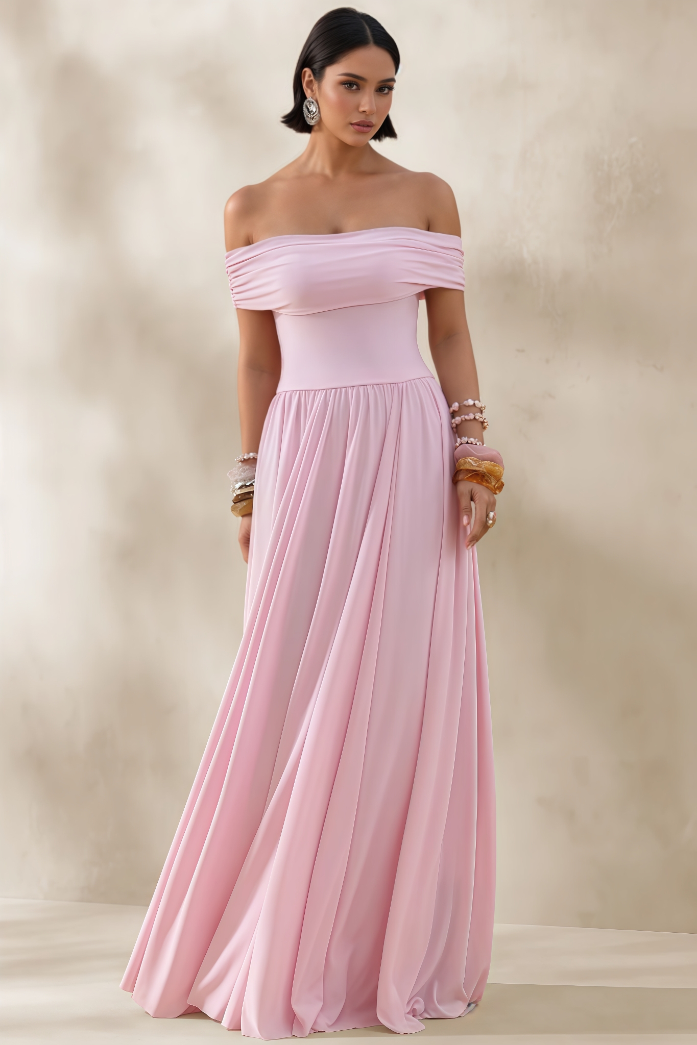 Katya Pink Off The Shoulder Pleated Maxi Dress