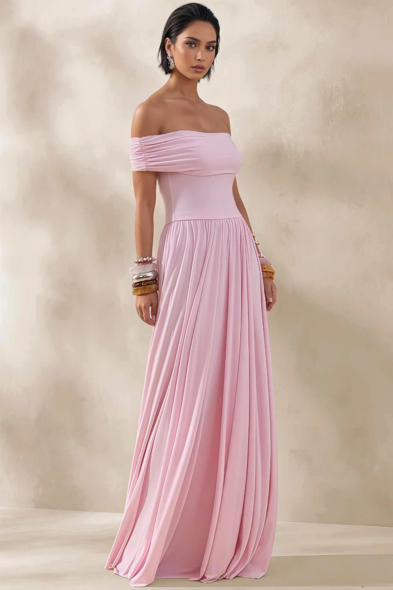 Katya Pink Off The Shoulder Pleated Maxi Dress