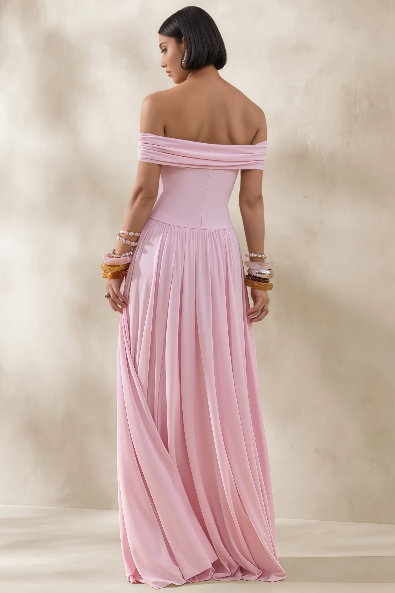 Katya Pink Off The Shoulder Pleated Maxi Dress