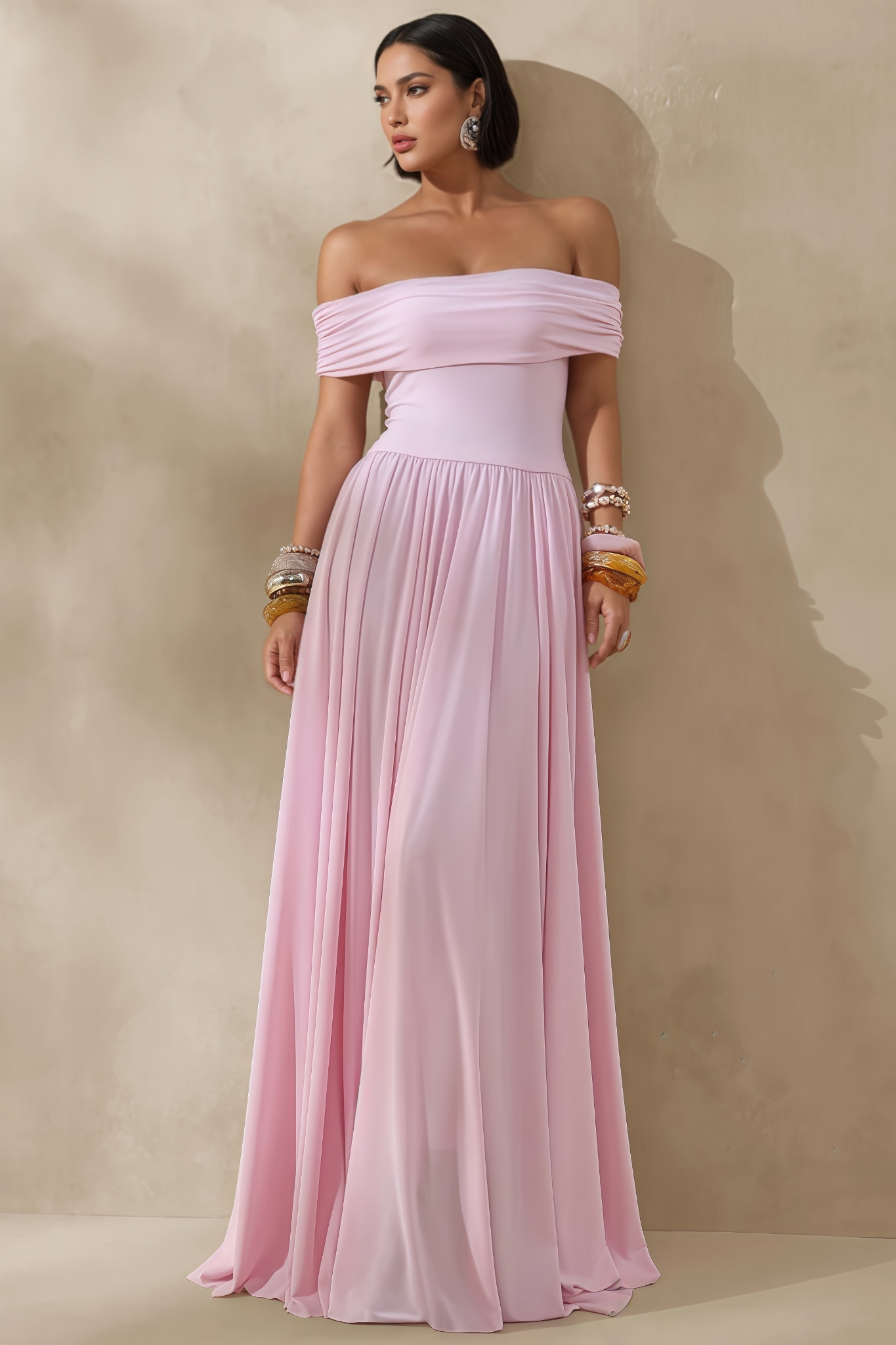 Katya Pink Off The Shoulder Pleated Maxi Dress