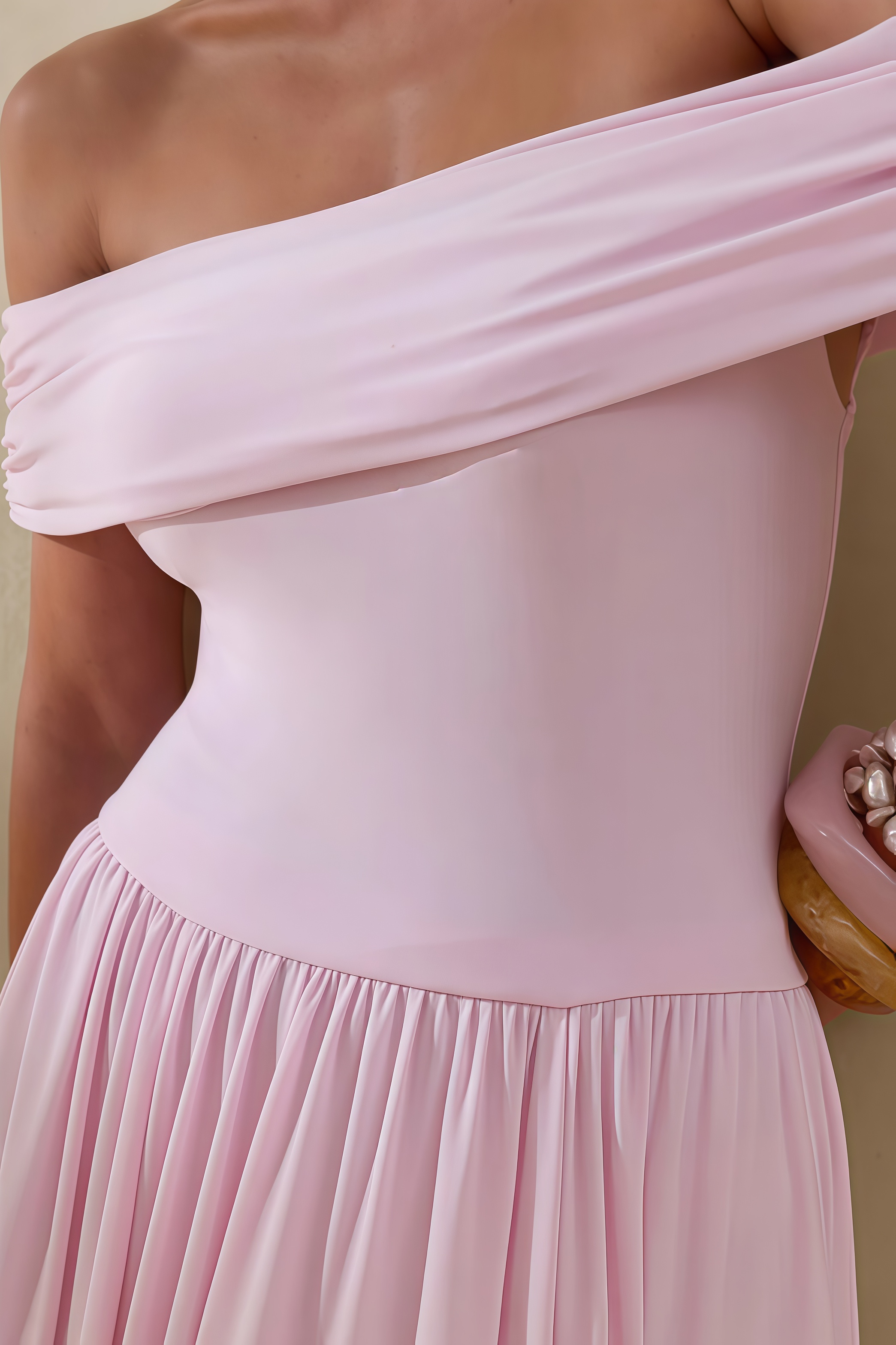 Katya Pink Off The Shoulder Pleated Maxi Dress