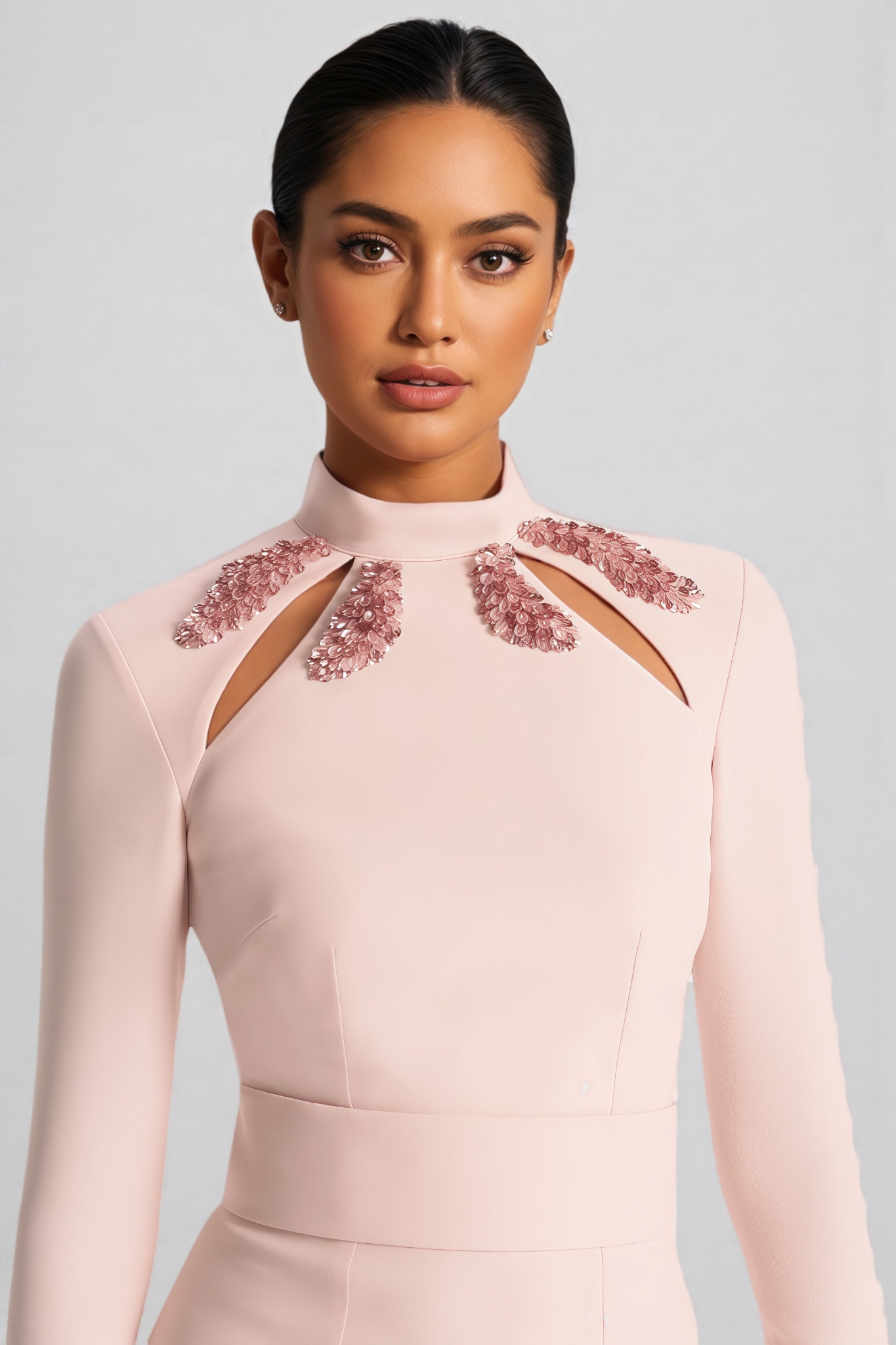 Aether Pink Beaded Sequined Cutout Maxi Dress