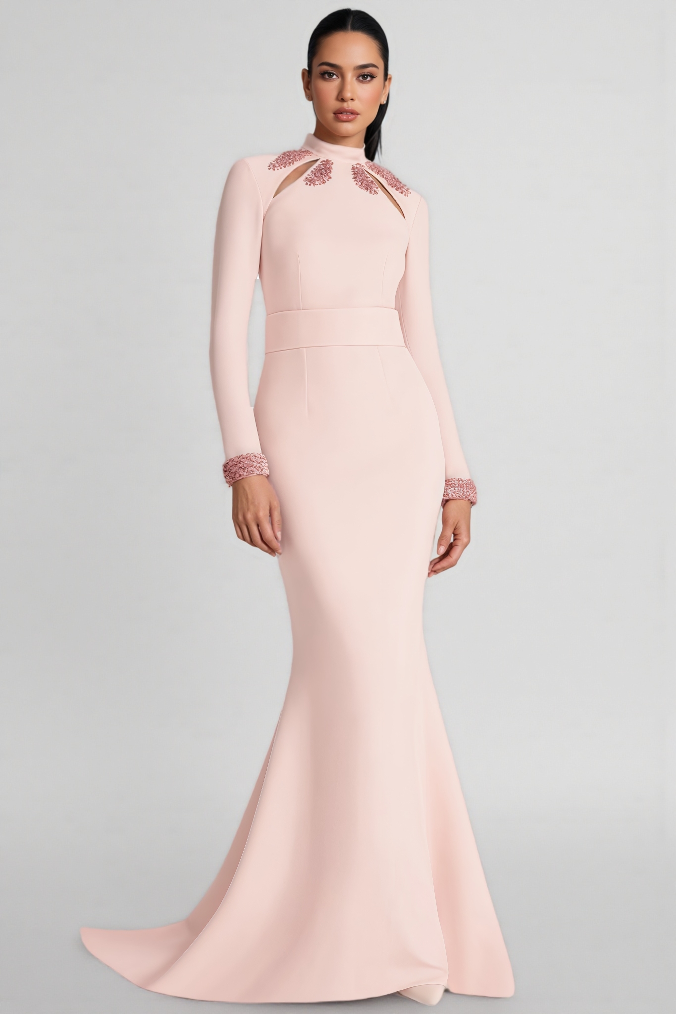 Aether Pink Beaded Sequined Cutout Maxi Dress