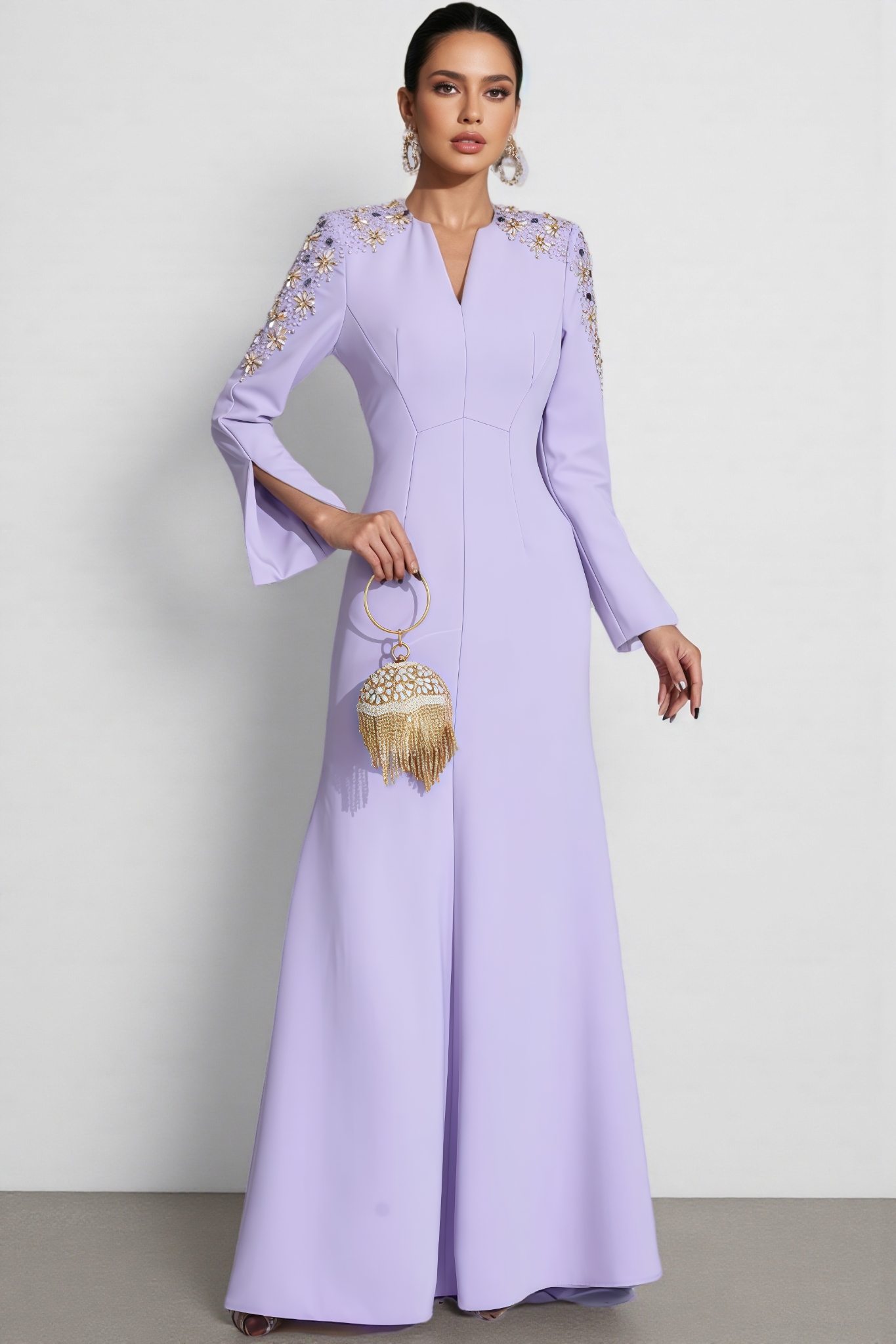 Galen Purple Pearl Embellished Maxi Dress