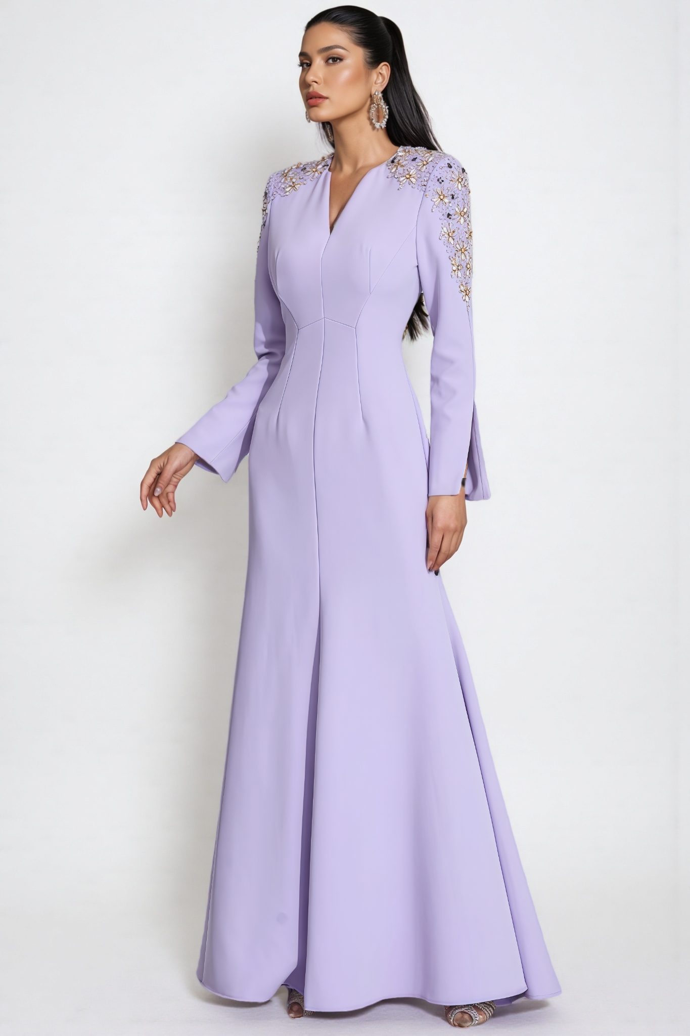 Galen Purple Pearl Embellished Maxi Dress
