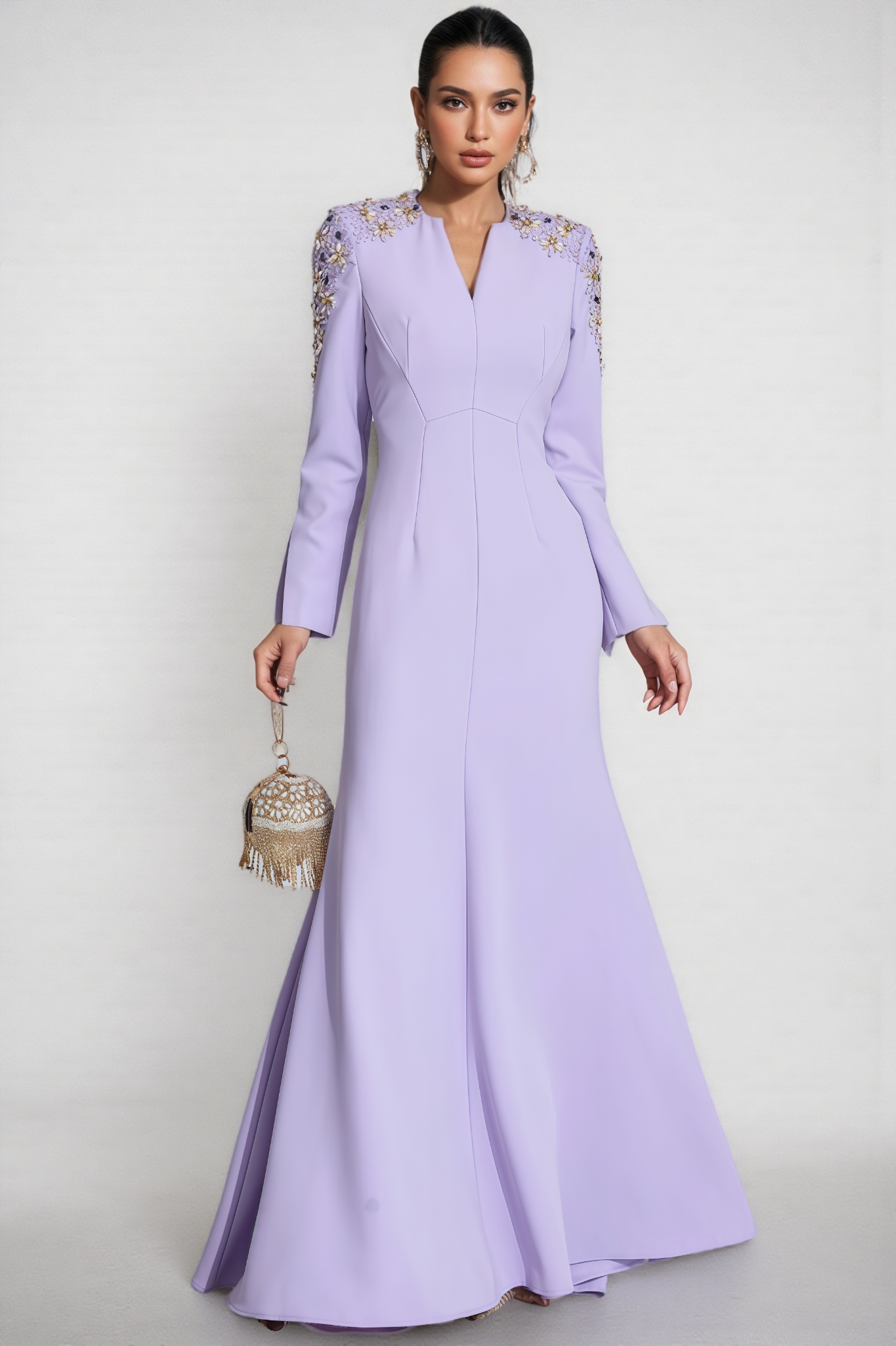 Galen Purple Pearl Embellished Maxi Dress
