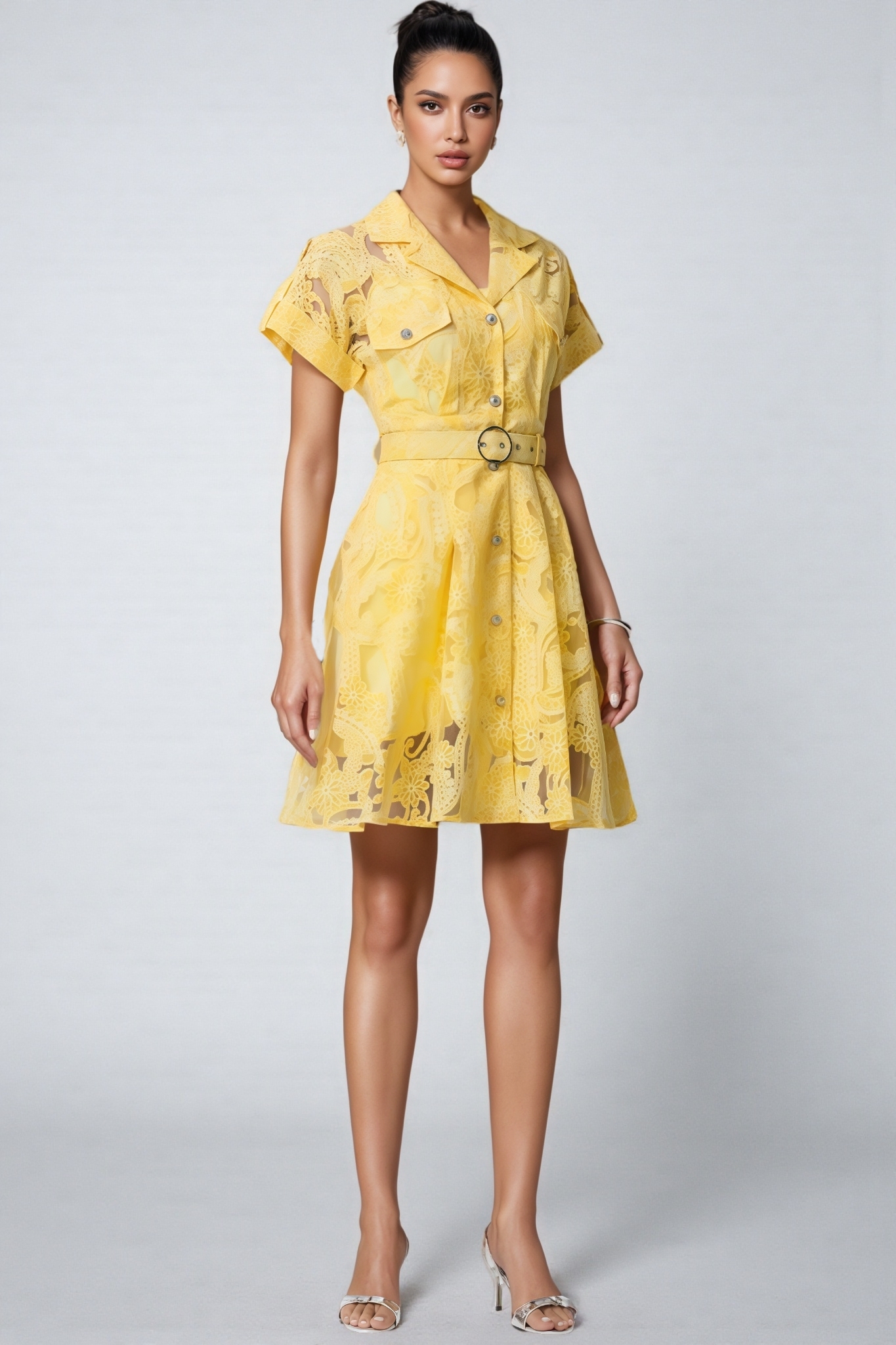 Jeyir Yellow Short Sleeve Lace Mini Dress