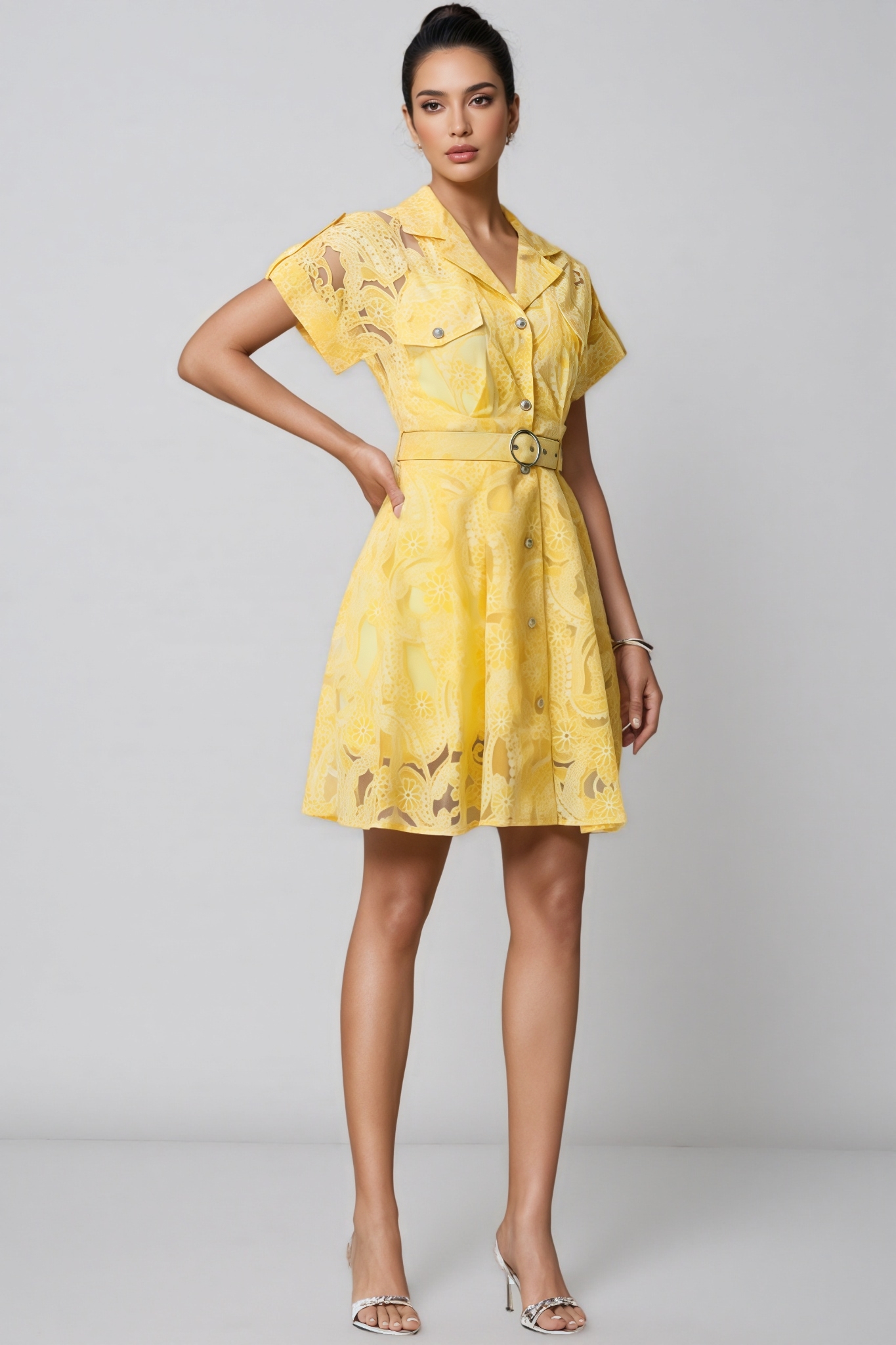Jeyir Yellow Short Sleeve Lace Mini Dress