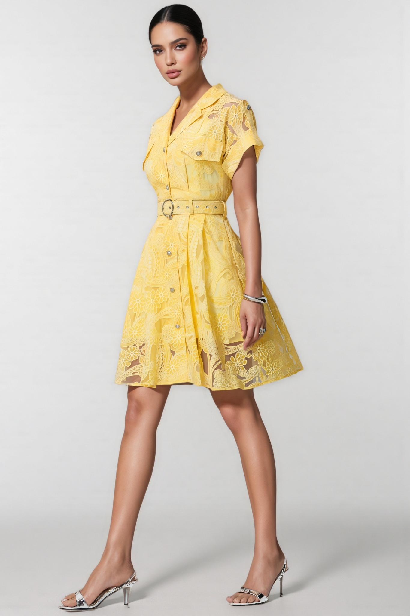 Jeyir Yellow Short Sleeve Lace Mini Dress