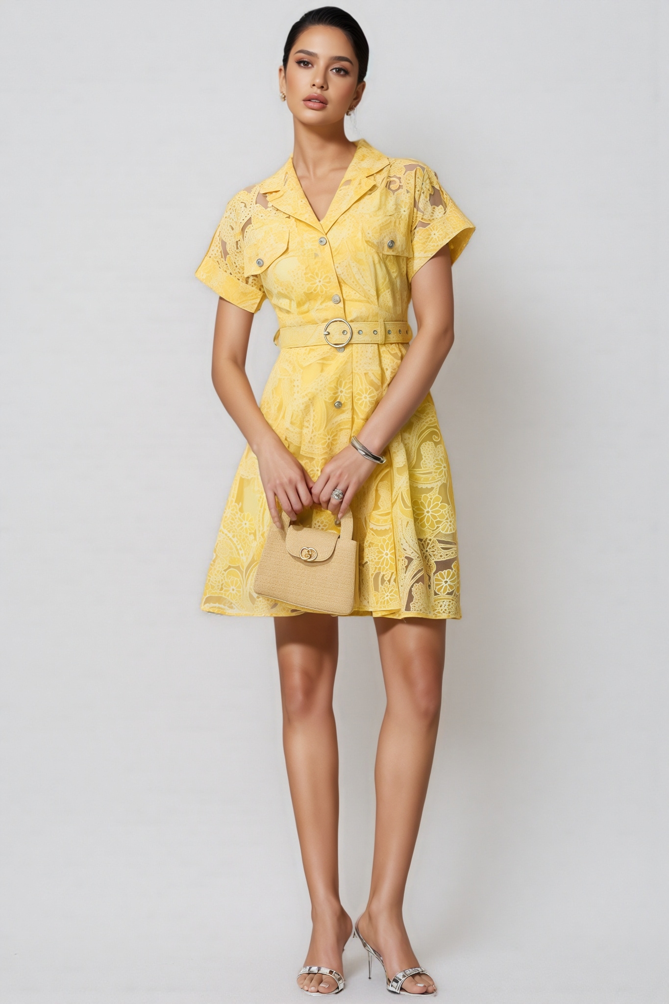 Jeyir Yellow Short Sleeve Lace Mini Dress