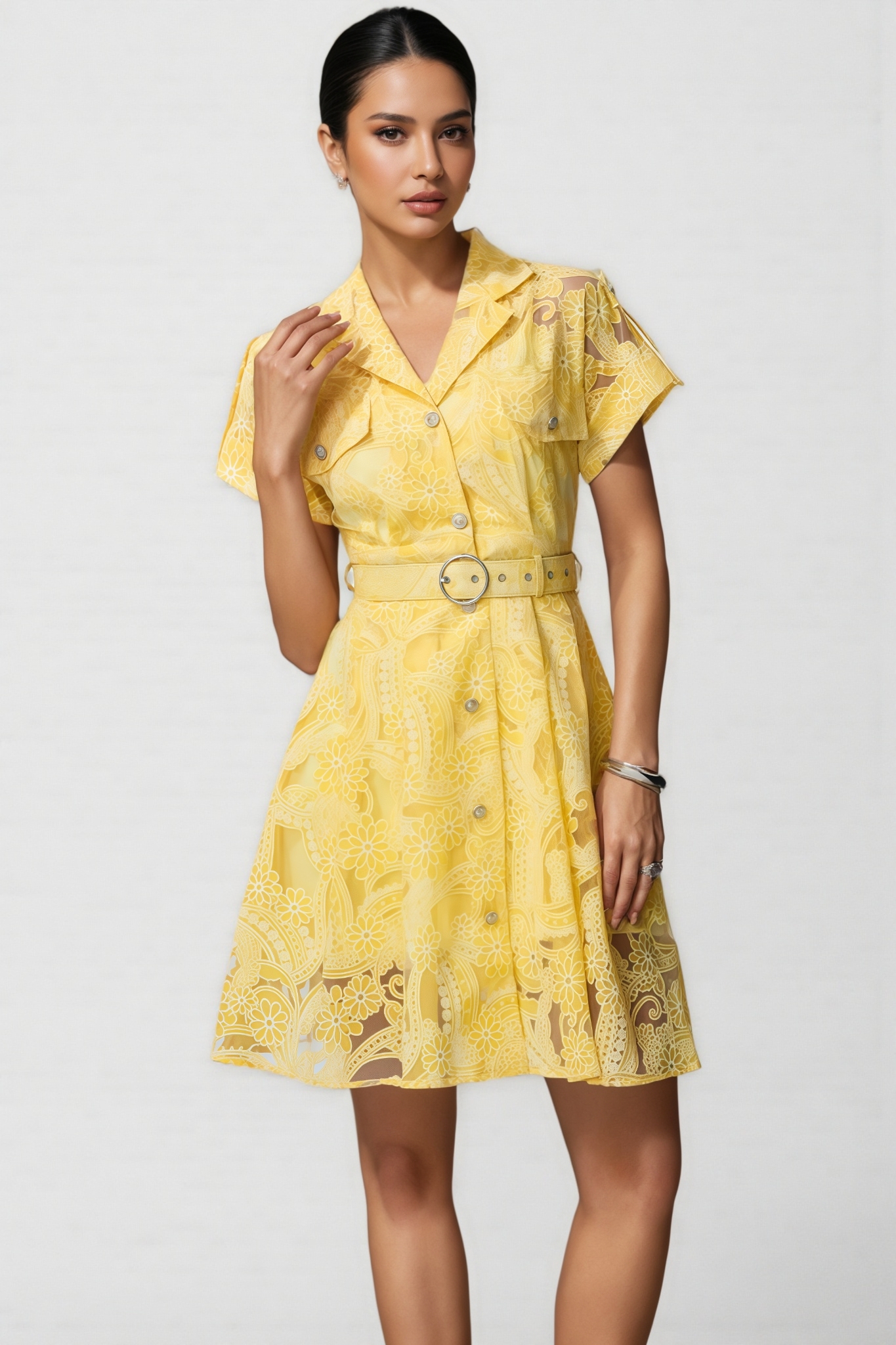 Jeyir Yellow Short Sleeve Lace Mini Dress