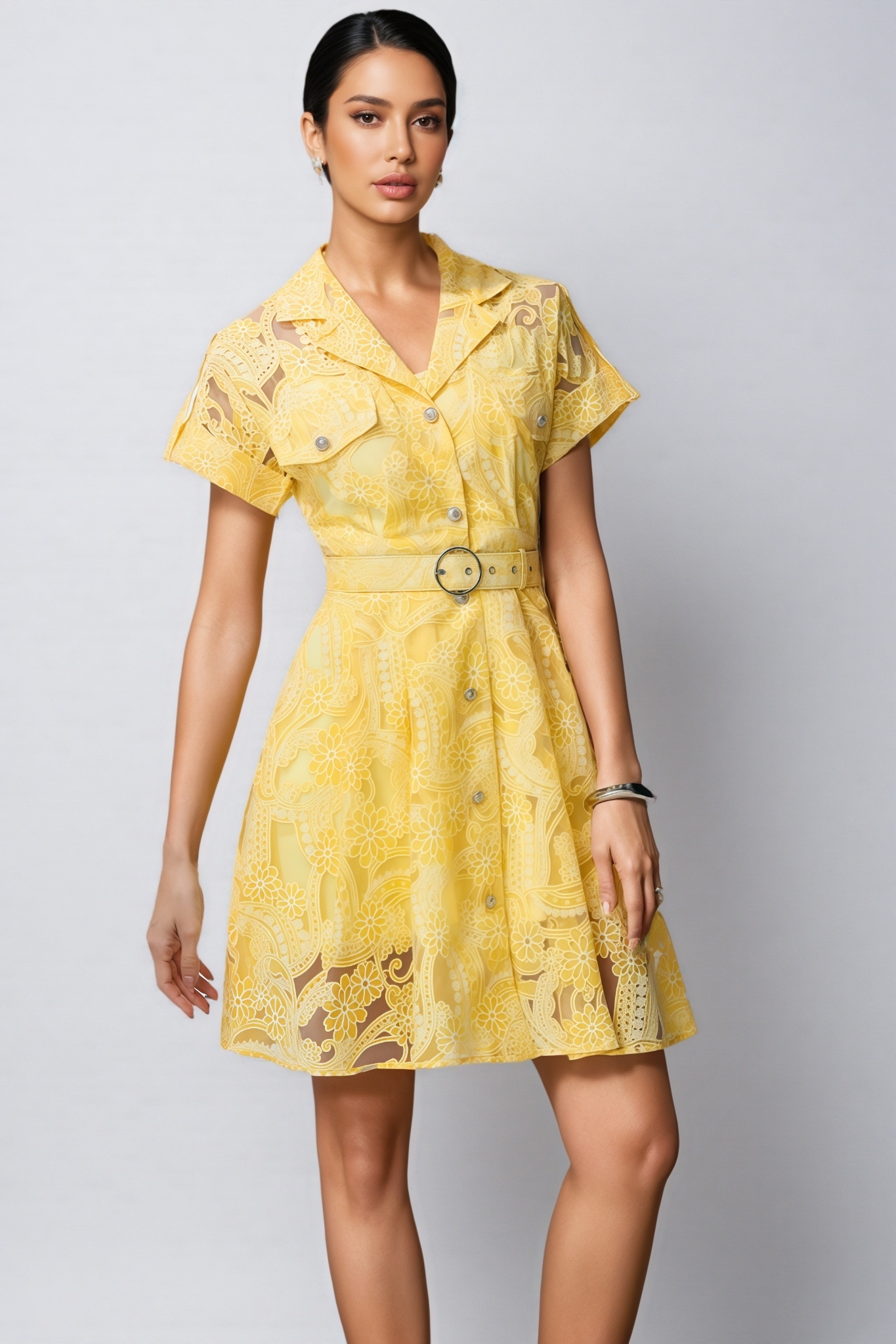 Jeyir Yellow Short Sleeve Lace Mini Dress