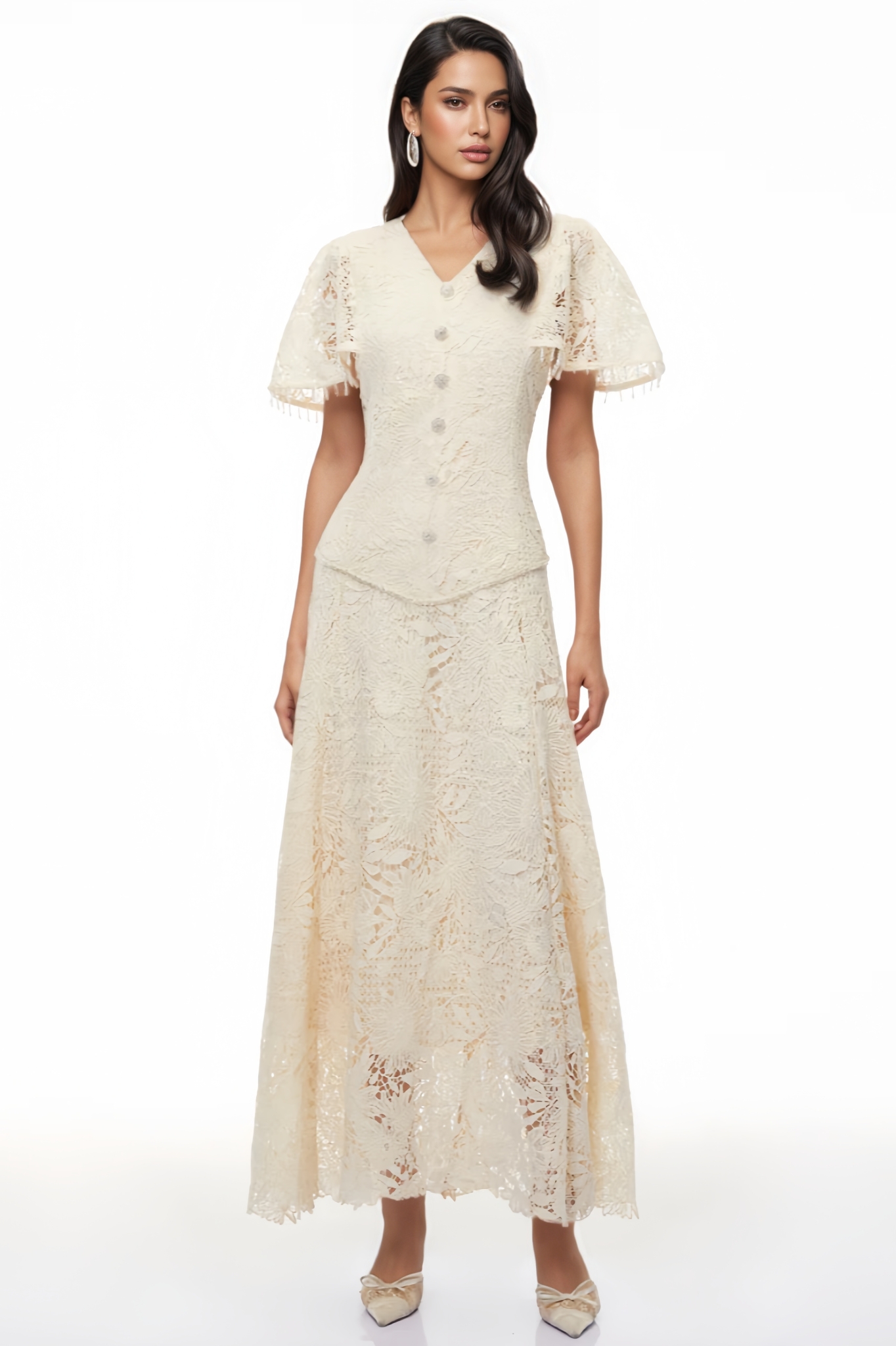 Aanlyn Beige Sequin Floral Lace Maxi Dress