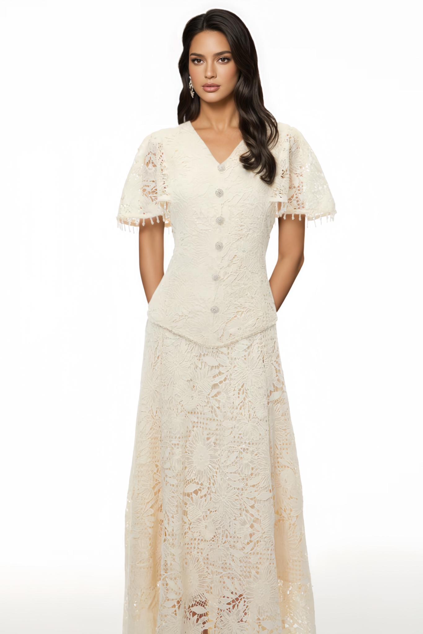 Aanlyn Beige Sequin Floral Lace Maxi Dress