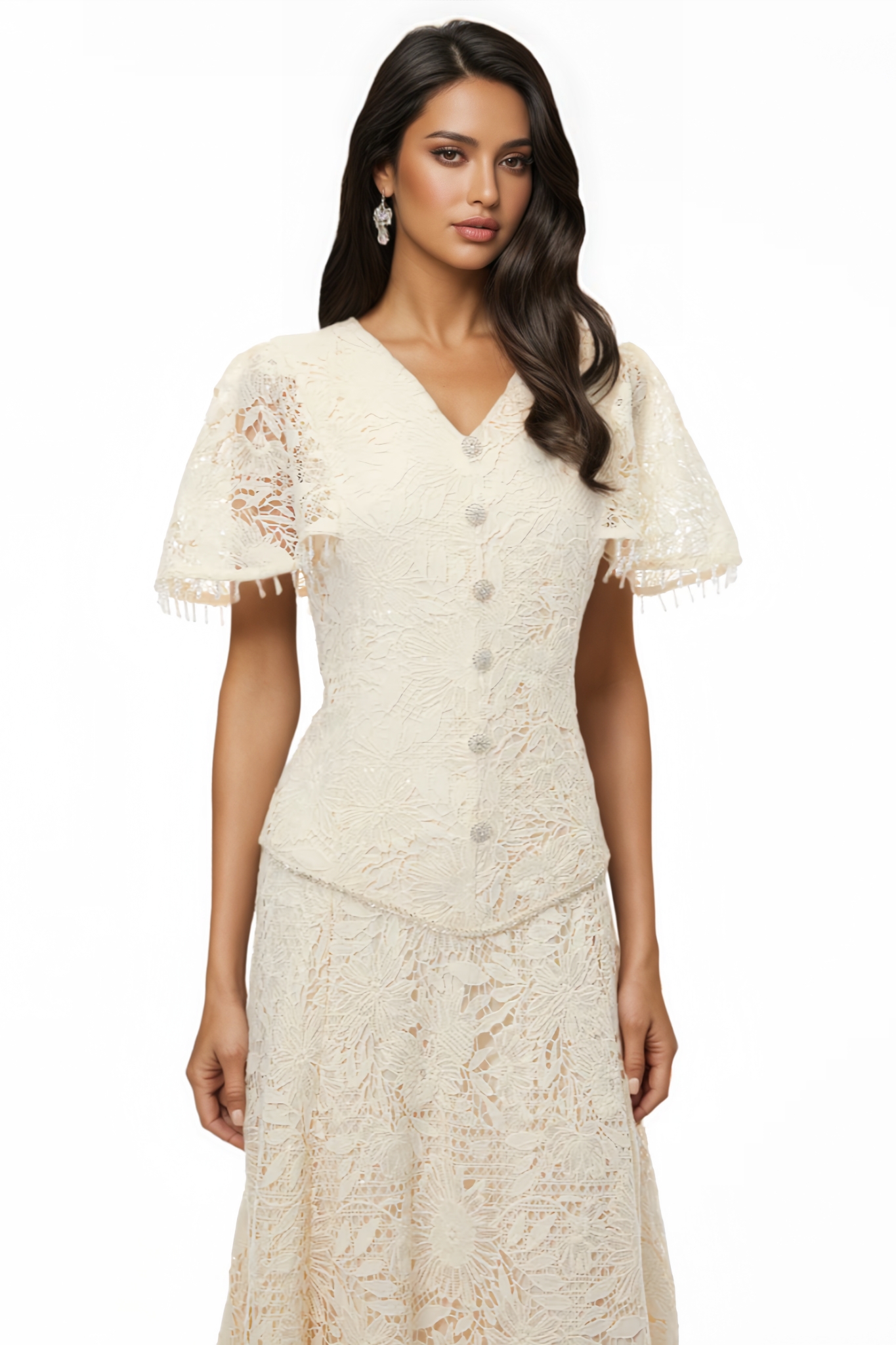 Aanlyn Beige Sequin Floral Lace Maxi Dress