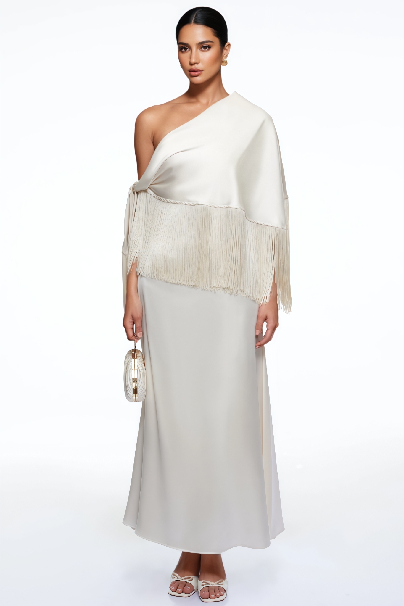 Veris Beige One Shoulder Fringe Satin Maxi Dress