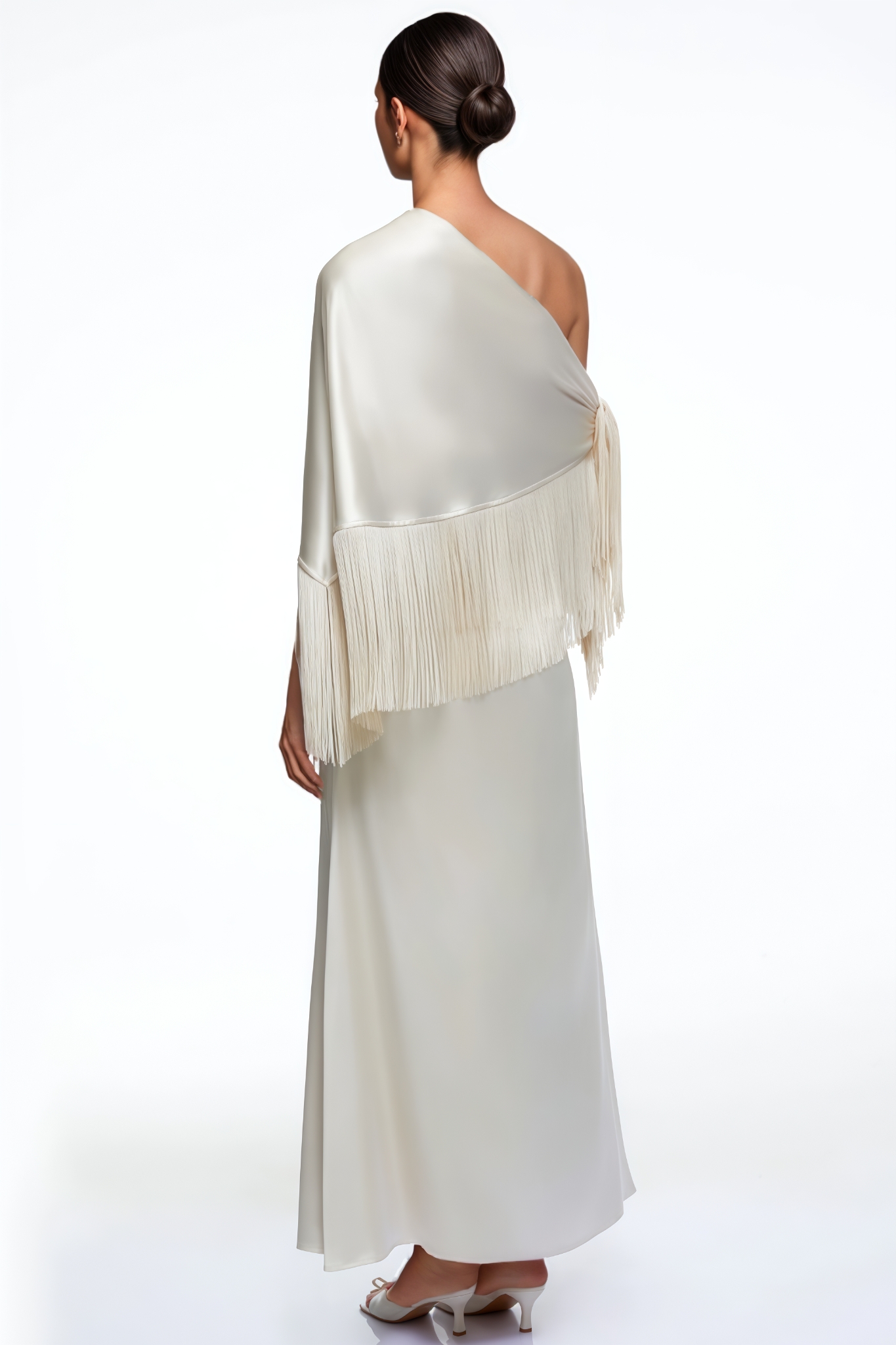 Veris Beige One Shoulder Fringe Satin Maxi Dress