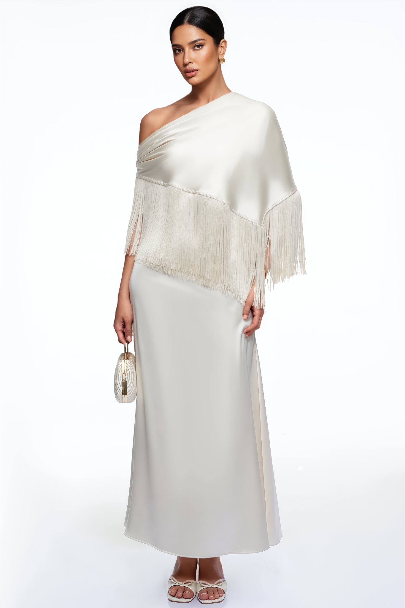 Veris Beige One Shoulder Fringe Satin Maxi Dress