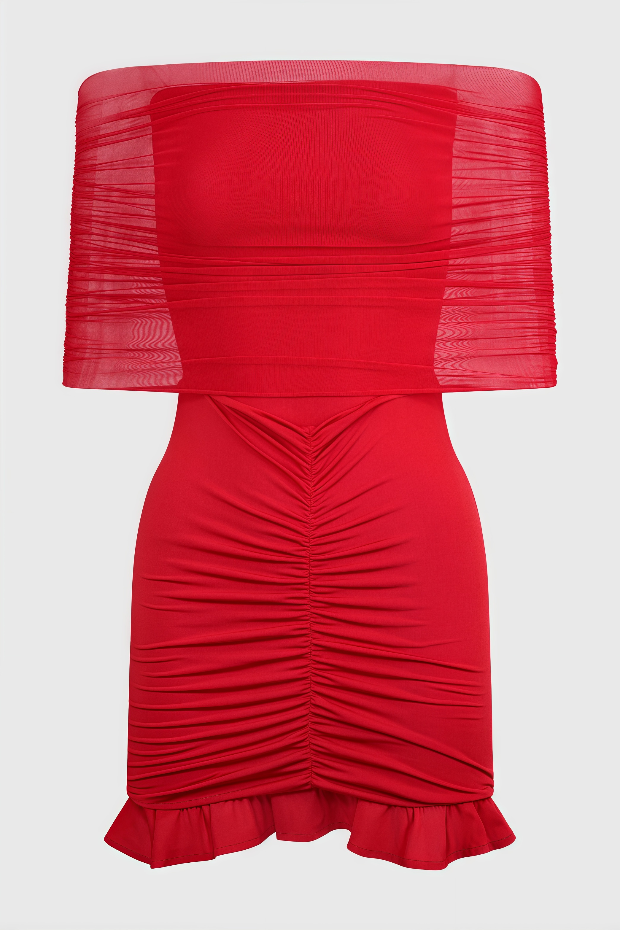 Elisd Red Slinky Mesh Off Shoulder Mini Dress 