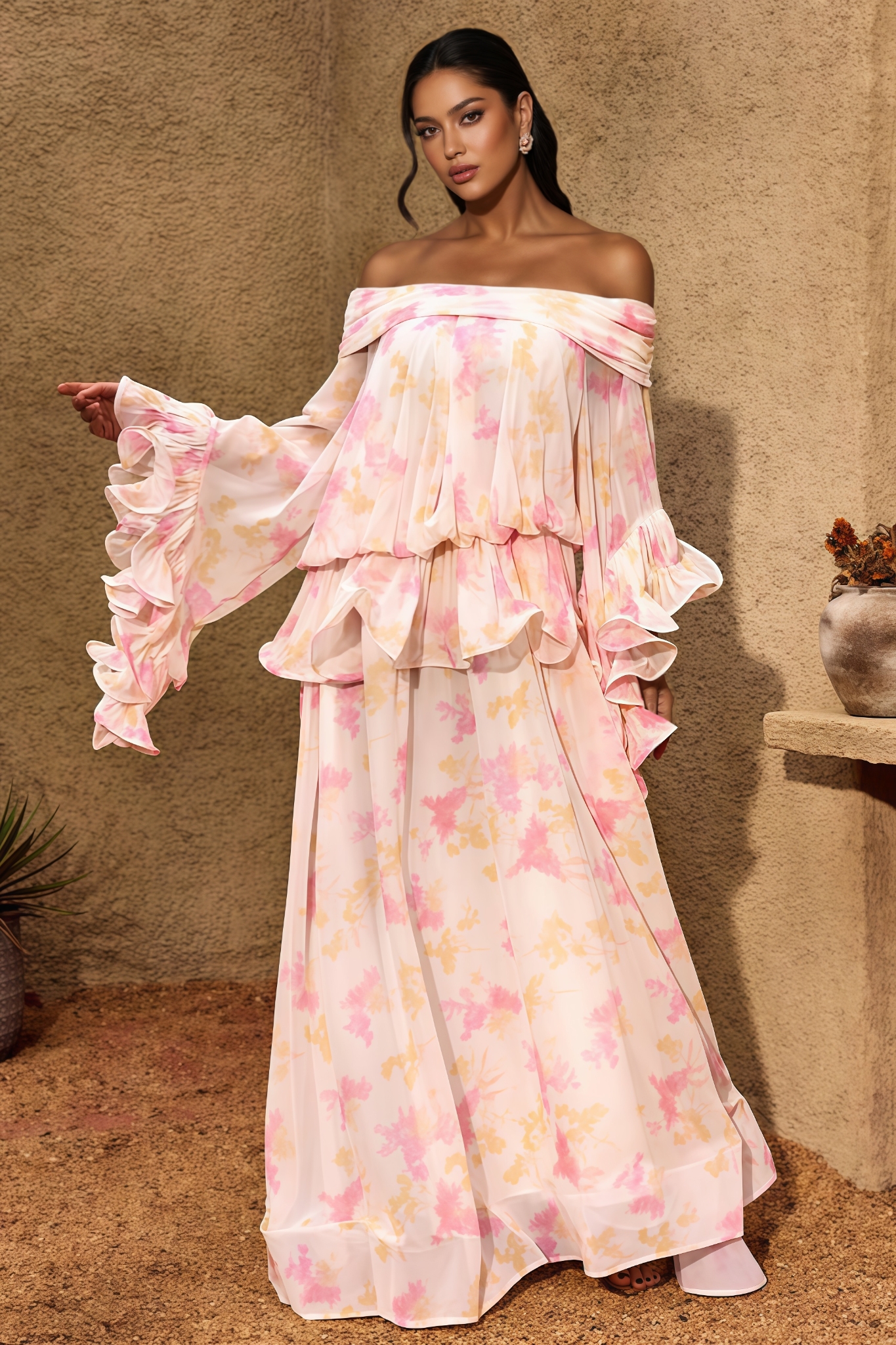 Huadsn Off Shoulder Floral Ruffle Maxi Dress