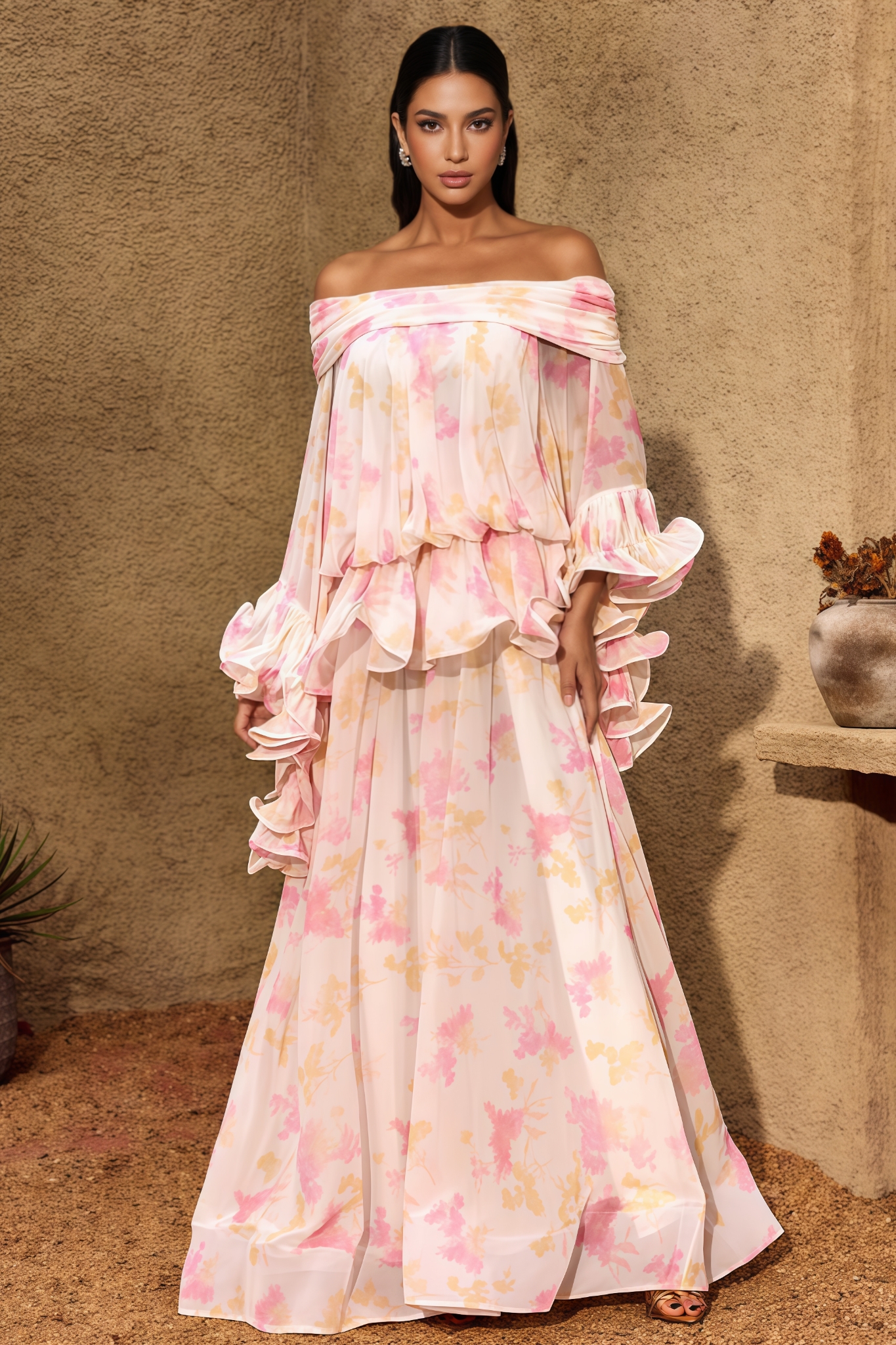 Huadsn Off Shoulder Floral Ruffle Maxi Dress