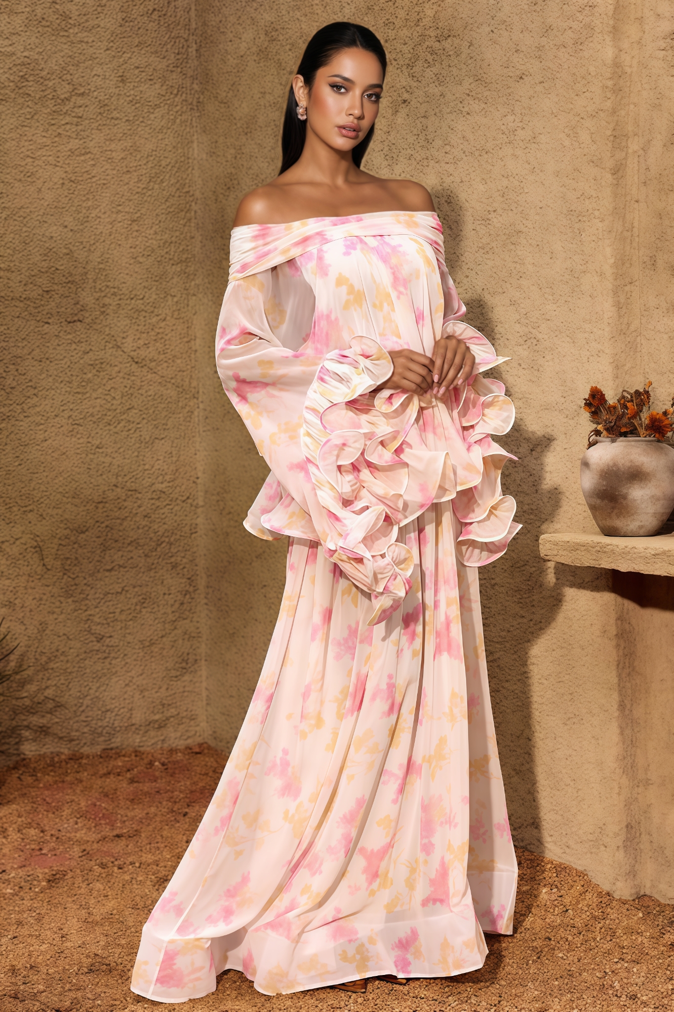 Huadsn Off Shoulder Floral Ruffle Maxi Dress