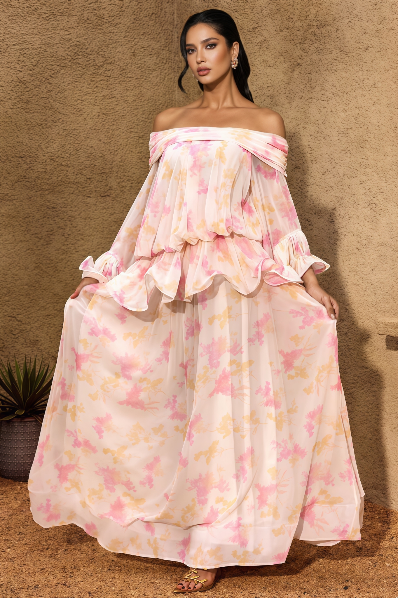 Huadsn Off Shoulder Floral Ruffle Maxi Dress