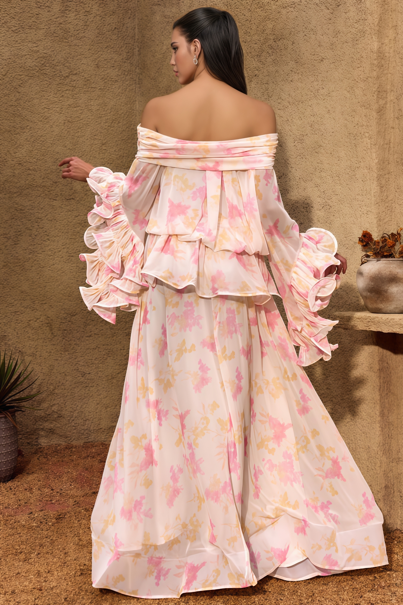 Huadsn Off Shoulder Floral Ruffle Maxi Dress