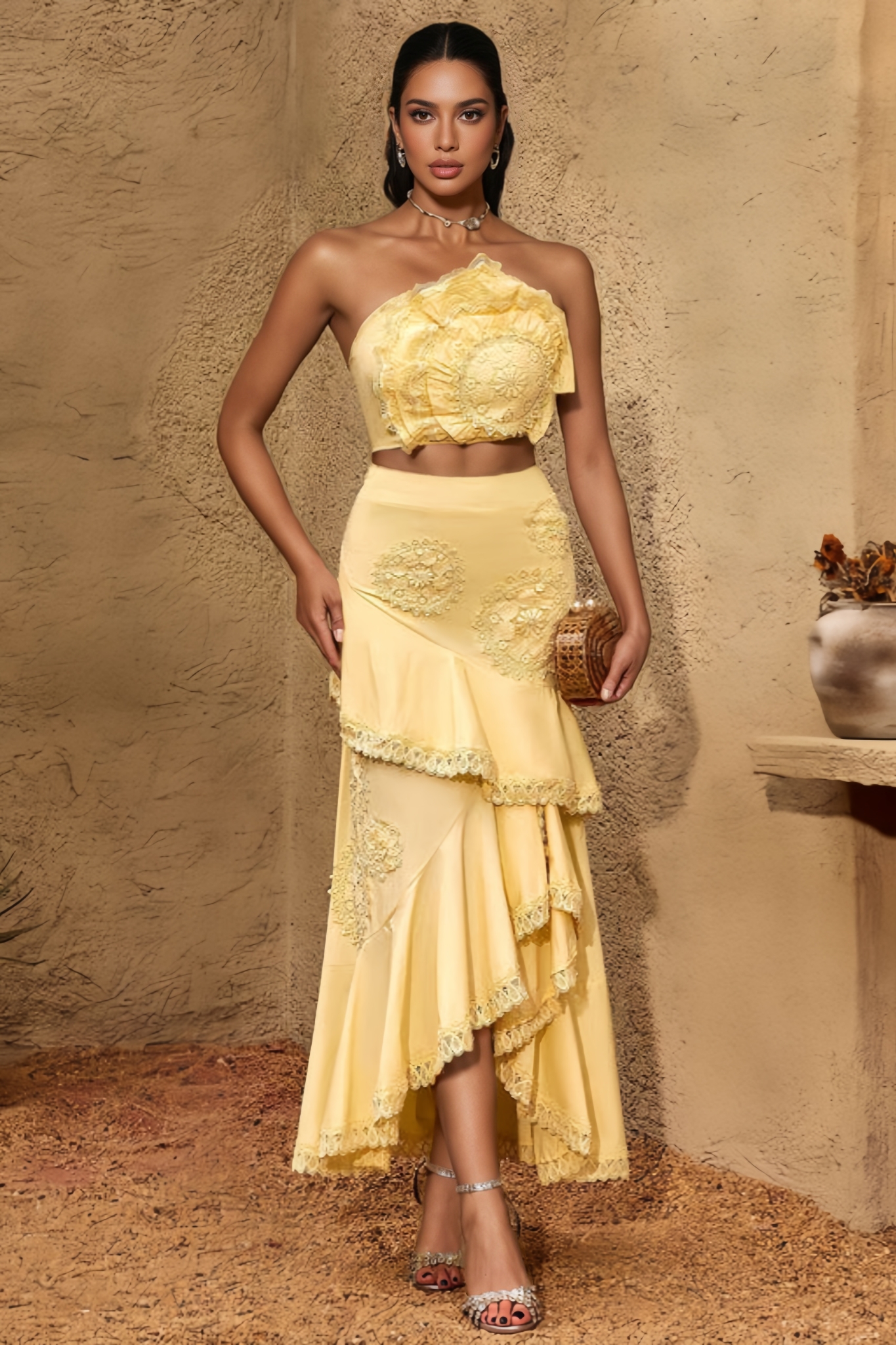 Canlila Strapless Flower Maxi Dress Set