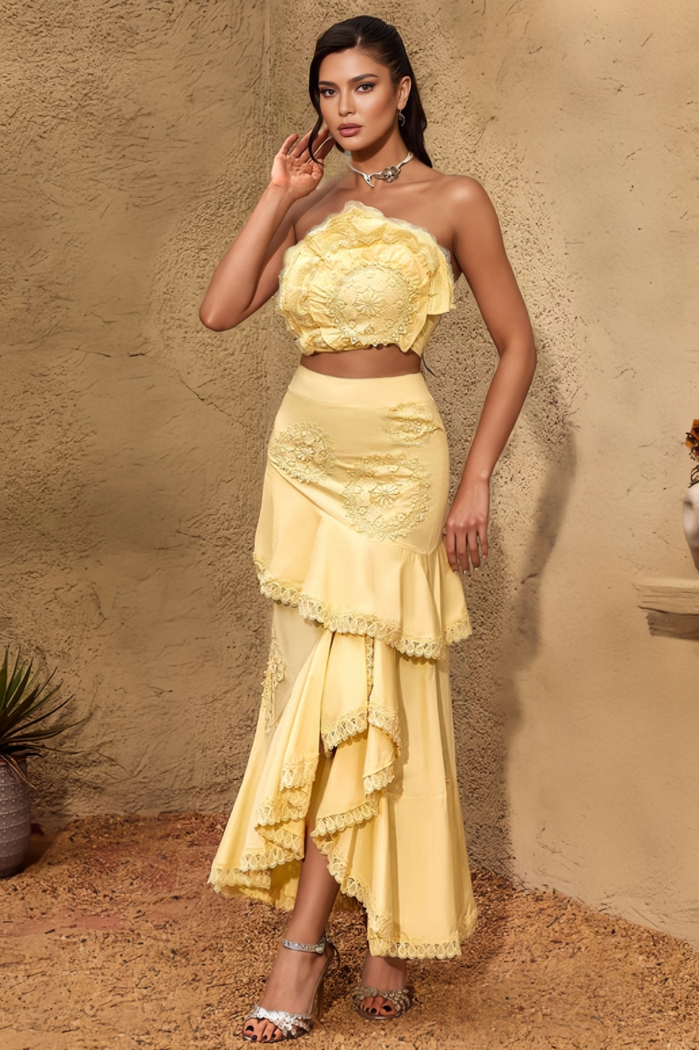 Canlila Strapless Flower Maxi Dress Set