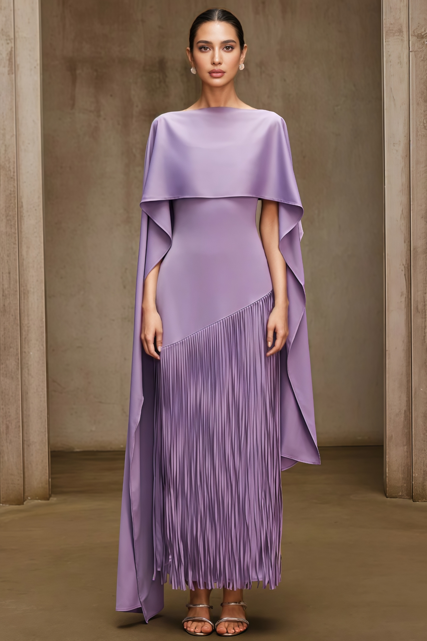 Foslind Purple Shawl Fringe Maxi Dress