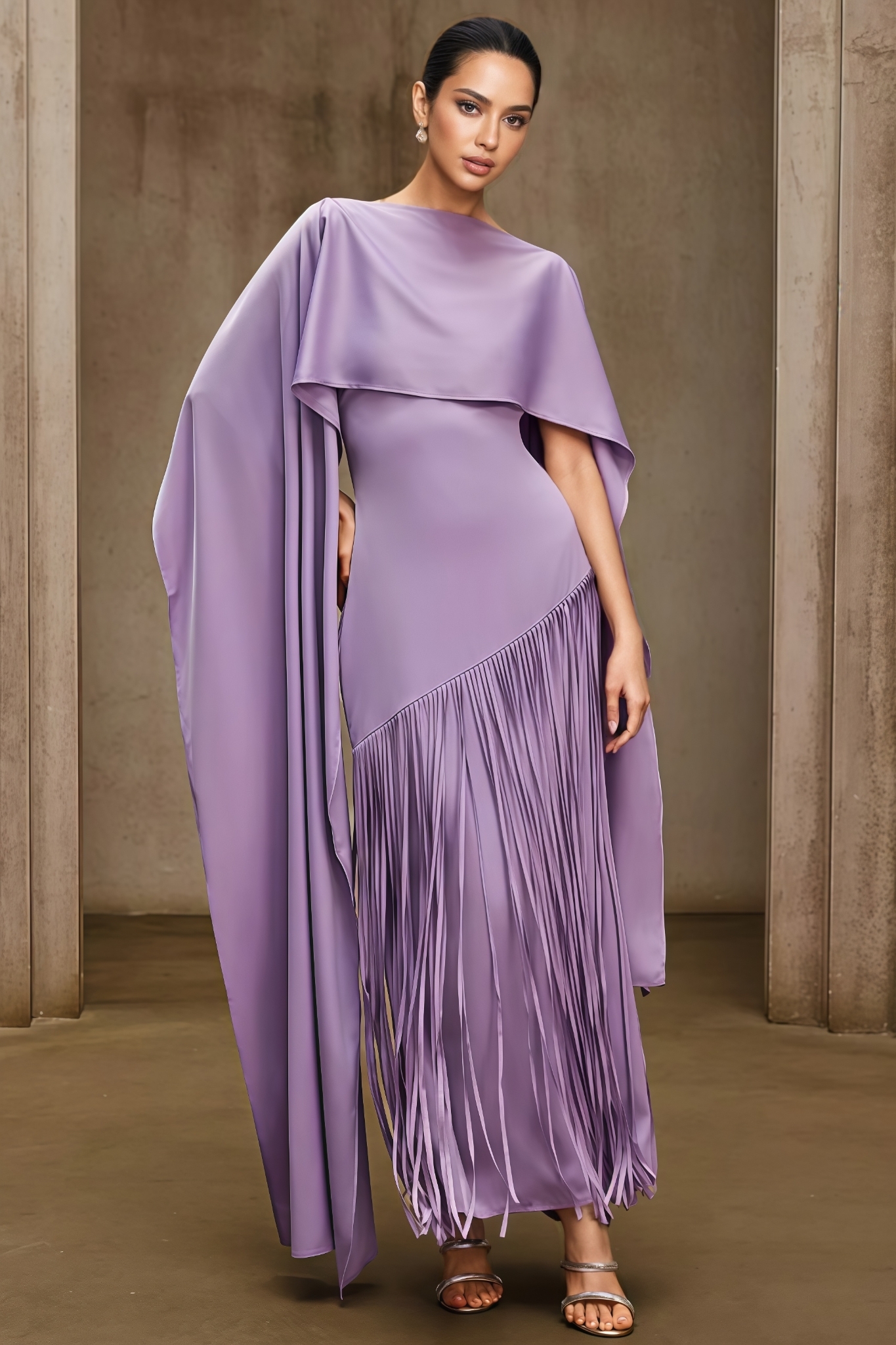 Foslind Purple Shawl Fringe Maxi Dress