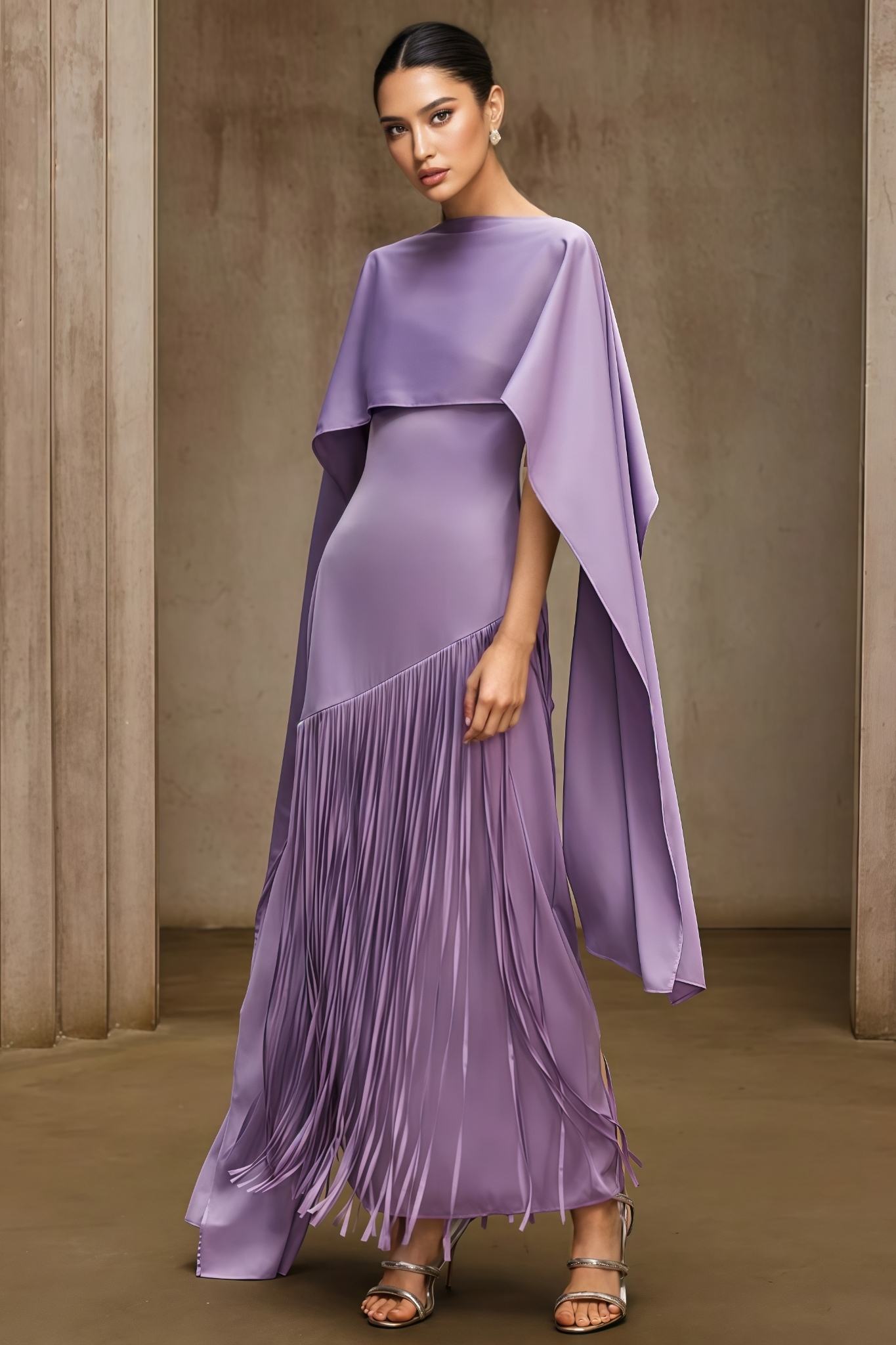 Foslind Purple Shawl Fringe Maxi Dress