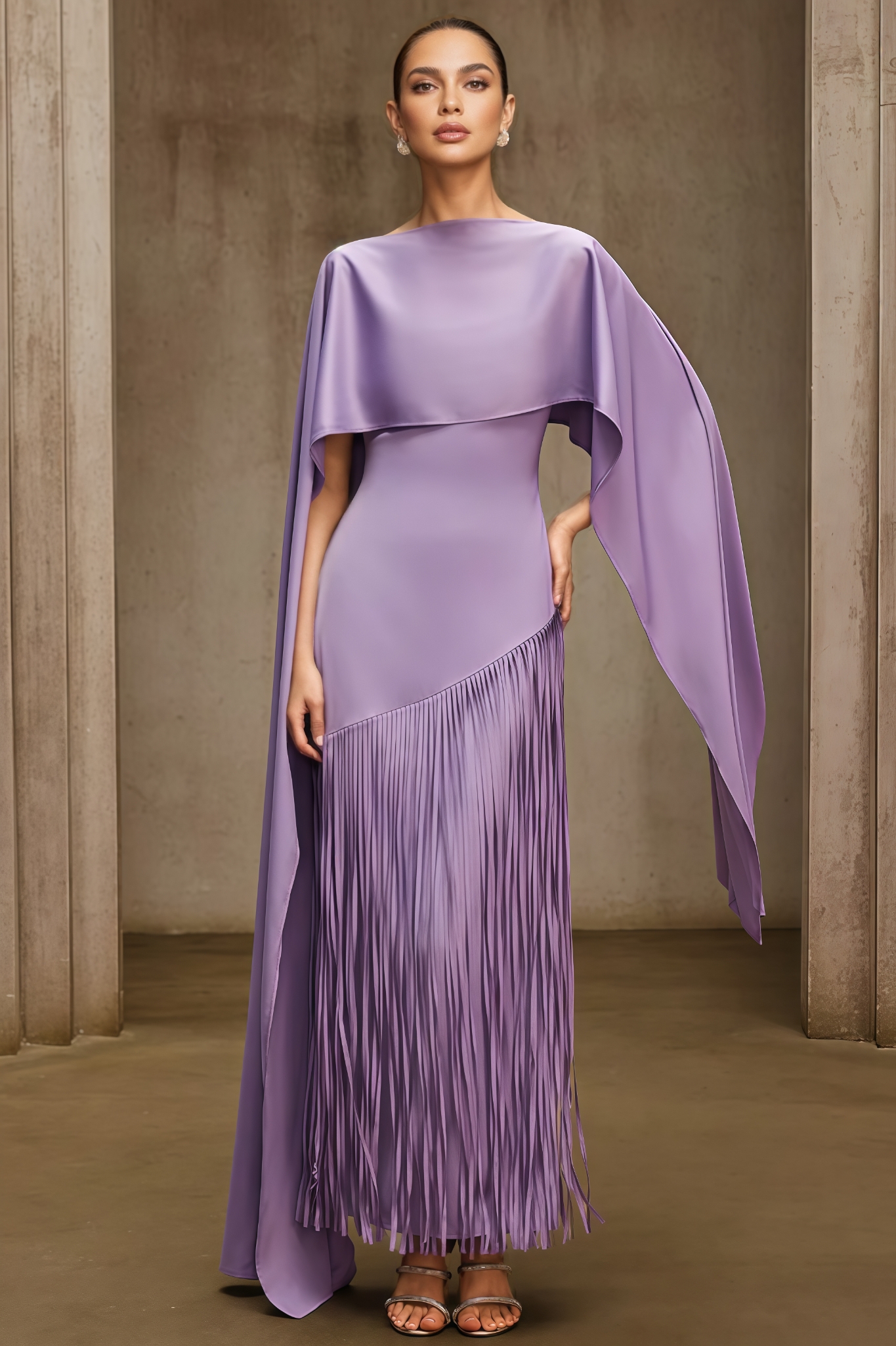 Foslind Purple Shawl Fringe Maxi Dress